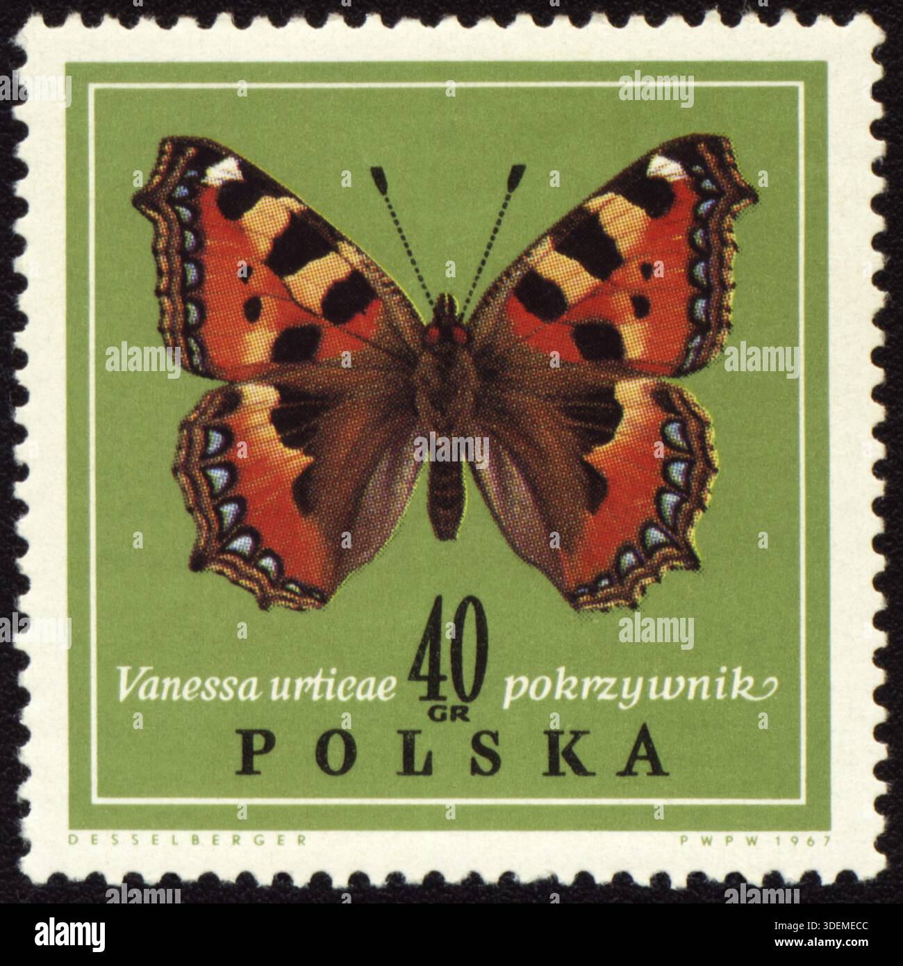 POLEN - CA. 1967: In Polen gedruckte Briefmarke zeigt Schmetterling Vanessa urtieae, ca. 1967 Stockfoto