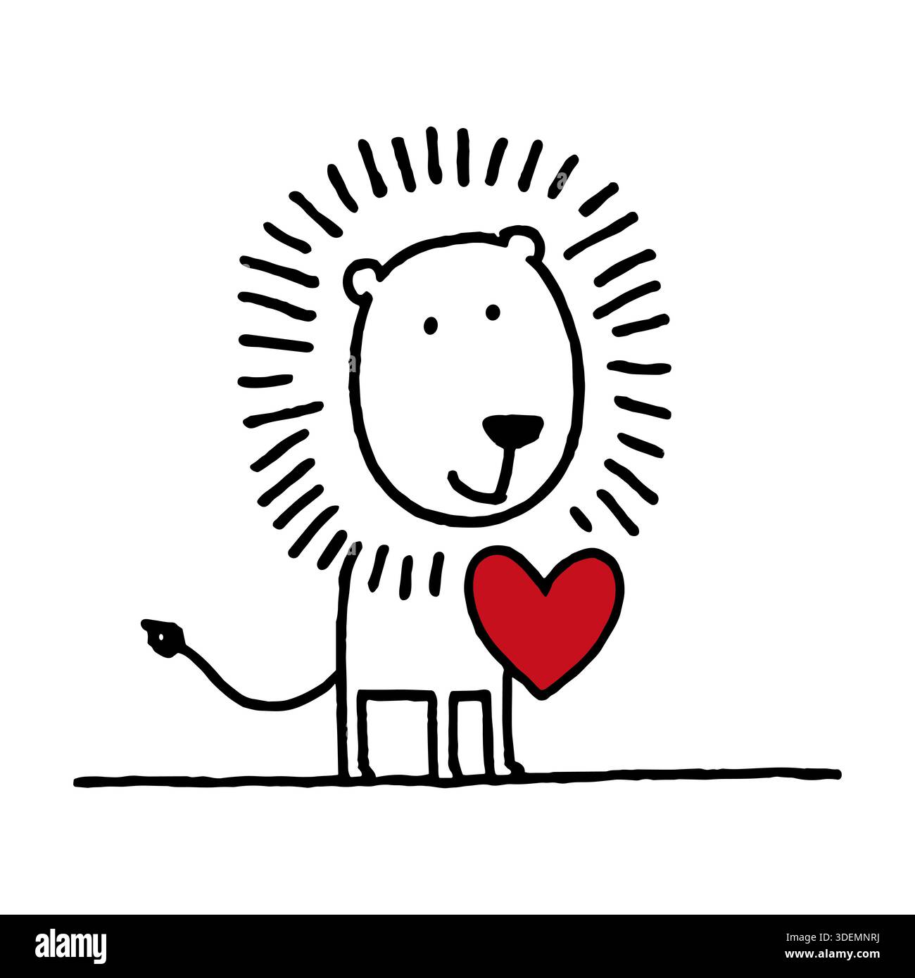 Niedlicher Löwe mit Herz. Umriss Handzeichnung Kritzelvektor Illustration. Liebeskonzept, Valentinstag-Symbol Stock Vektor