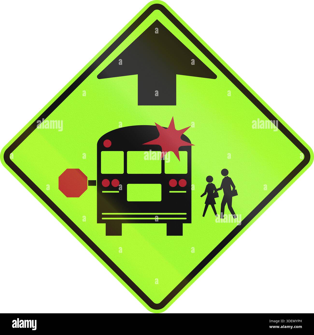 Schulwarnschild der usa: Schulbushaltestelle voraus. Stockfoto