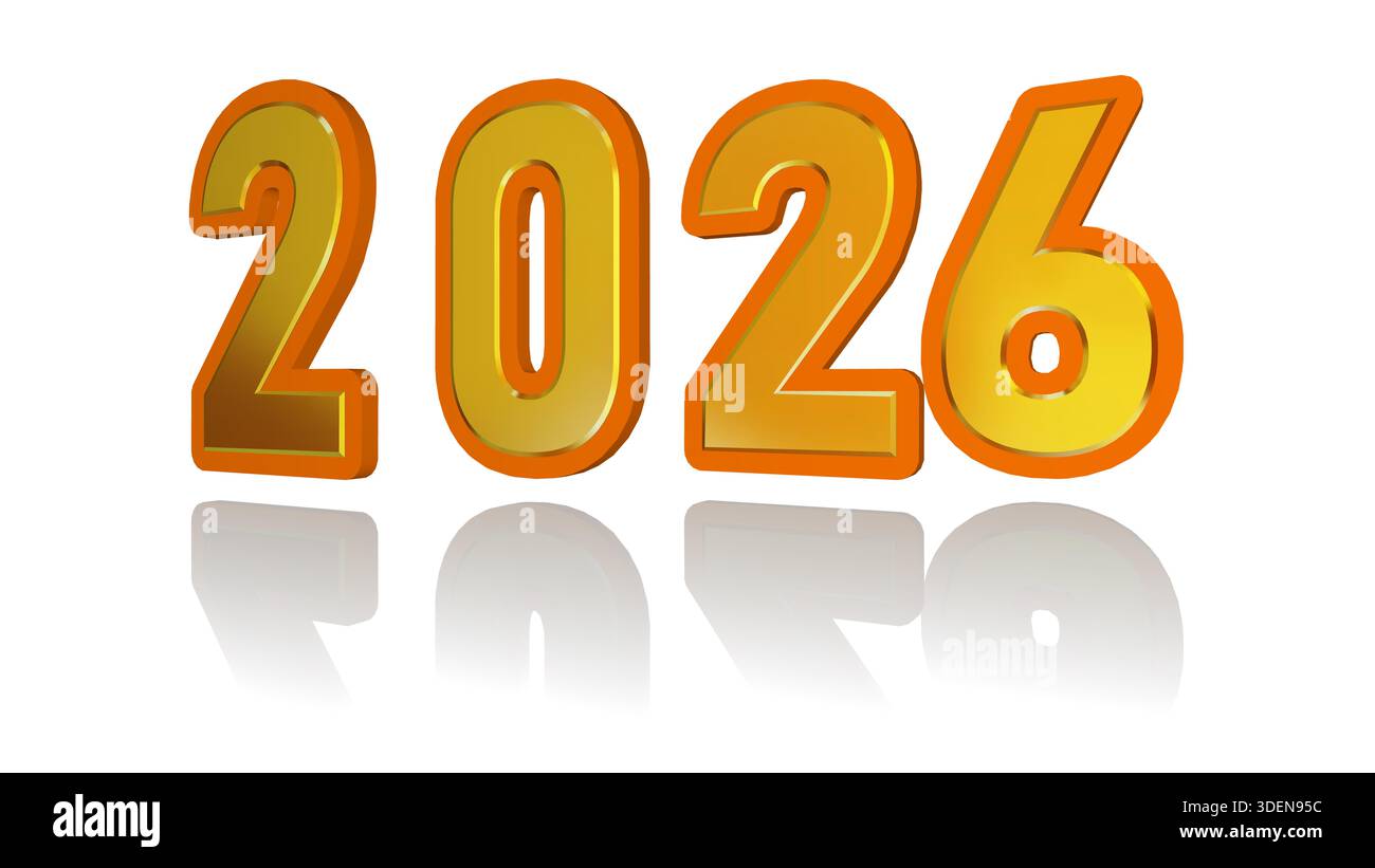 3D-Rendern 2026 goldenen Text isoliert Stockfoto