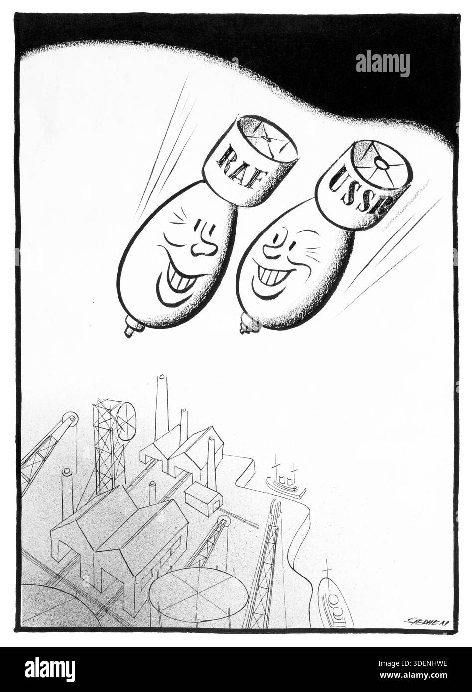 Einheit der Stärke - Bomben der UdSSR und der RAF, die auf Fabrik und Docks zusammenfallen - Kunstwerk von Stephen - Propagandaplakat Illustration des Zweiten Weltkriegs - Cartoon / Comic-Stil Stockfoto