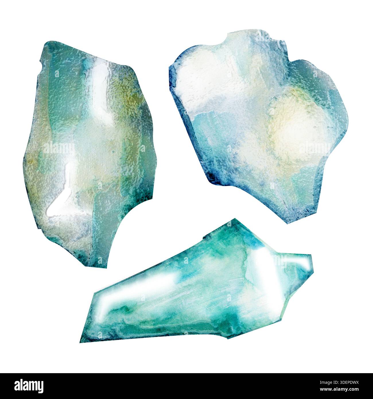 Eine Reihe verschiedener Formen von Glassplittern. Aquarellabbildung auf einem isolierten Hintergrund. Realistischer Clipart grüner lichtdurchlässiger Scherben Stockfoto