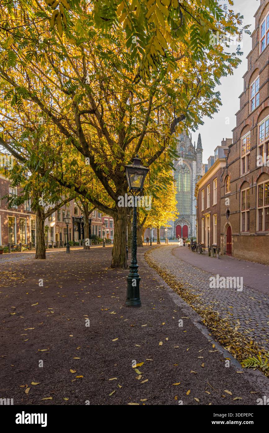Leiden, Niederlande - 13. November 2022: Herbstansicht der Hooglandsekerk auf der Hooglandsekerkgracht in Leiden Stockfoto