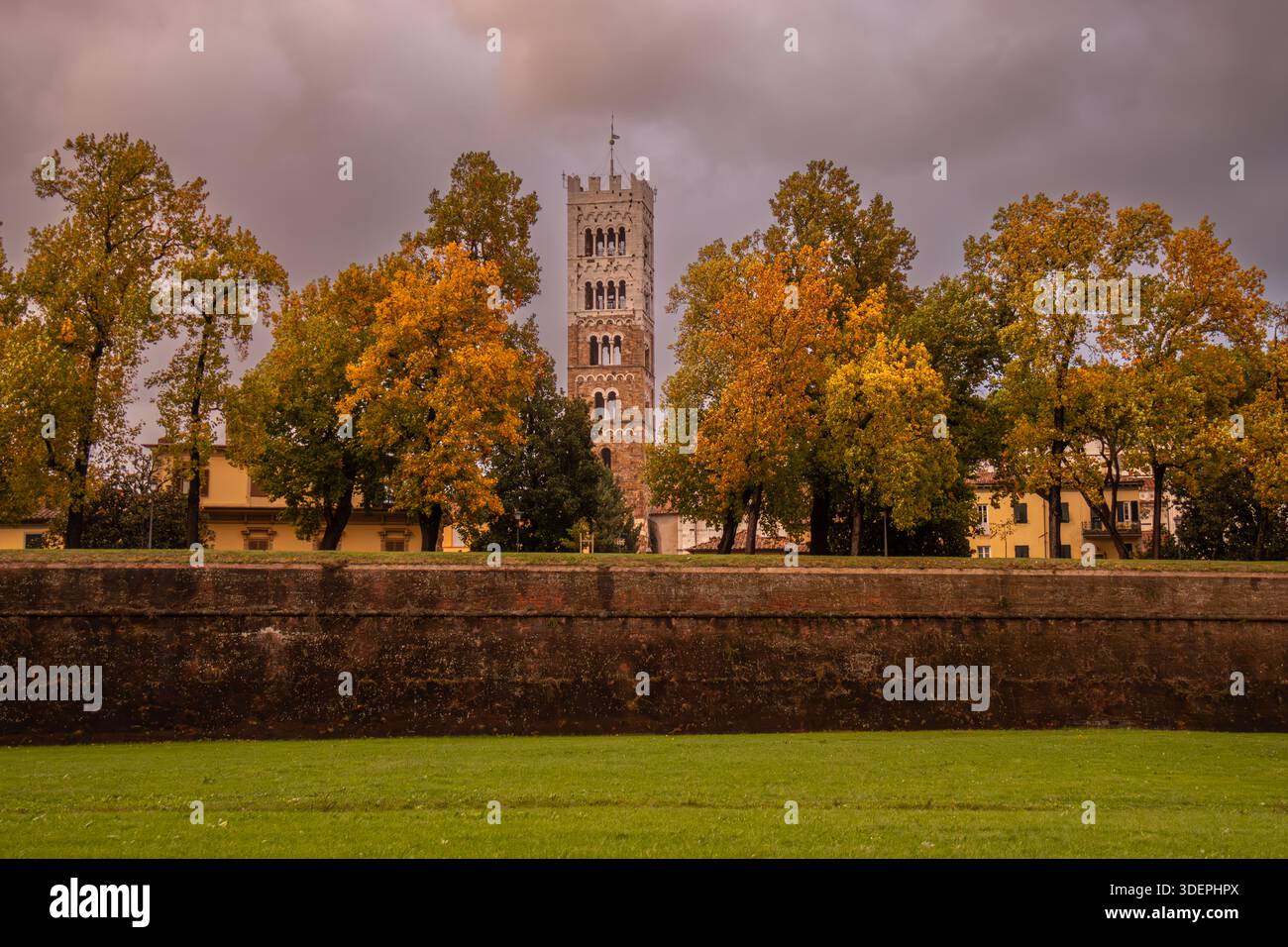 Vista de una torre Medieval de Lucca, Italia, sobresaliendo entre árboles otoñales y las murallas históricas de la ciudad bajo un cielo nublado. Stockfoto