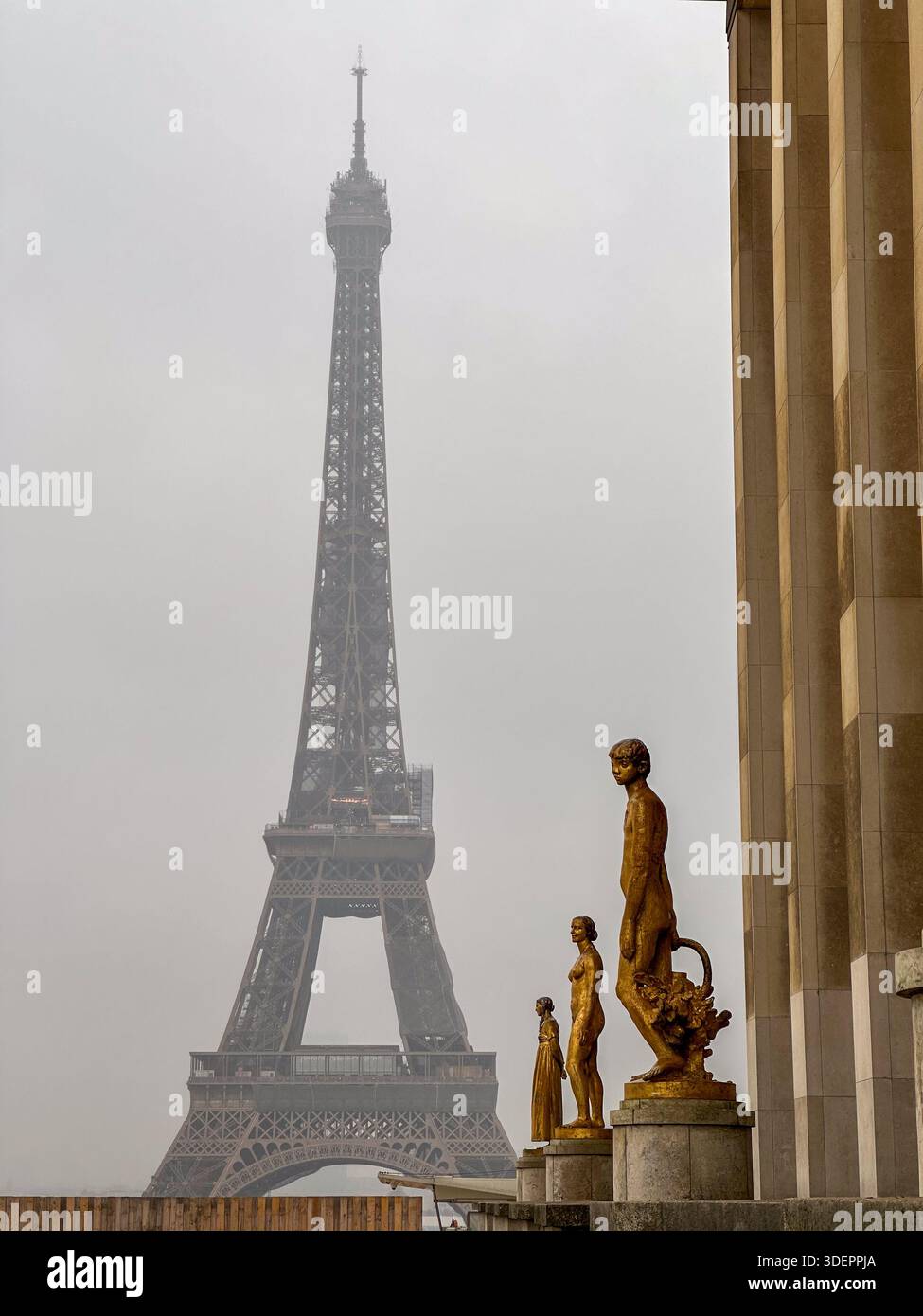 Goldene Statuen mit Säulen umrahmen den weit entfernten Eiffelturm vom Place du Trocadéro, Paris. Stockfoto