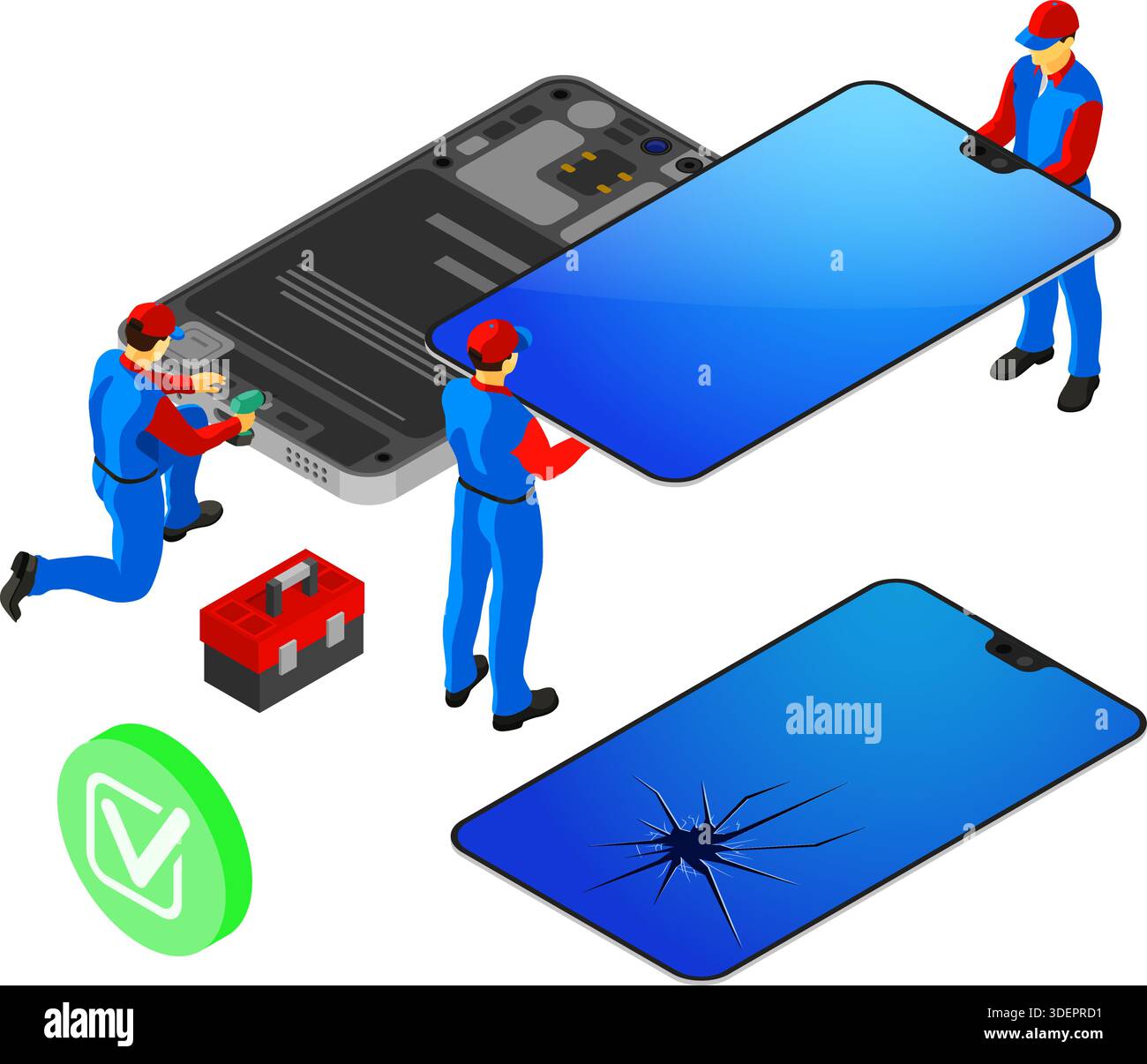 Reparaturservice Für Mobiltelefone. Isometrische Menschen in einheitlicher Reparatur kaputter Smartphone-Bildschirm. Online-Internet-Support. Vorlage für Landing-Page. Isoliertes Fahrzeug Stock Vektor