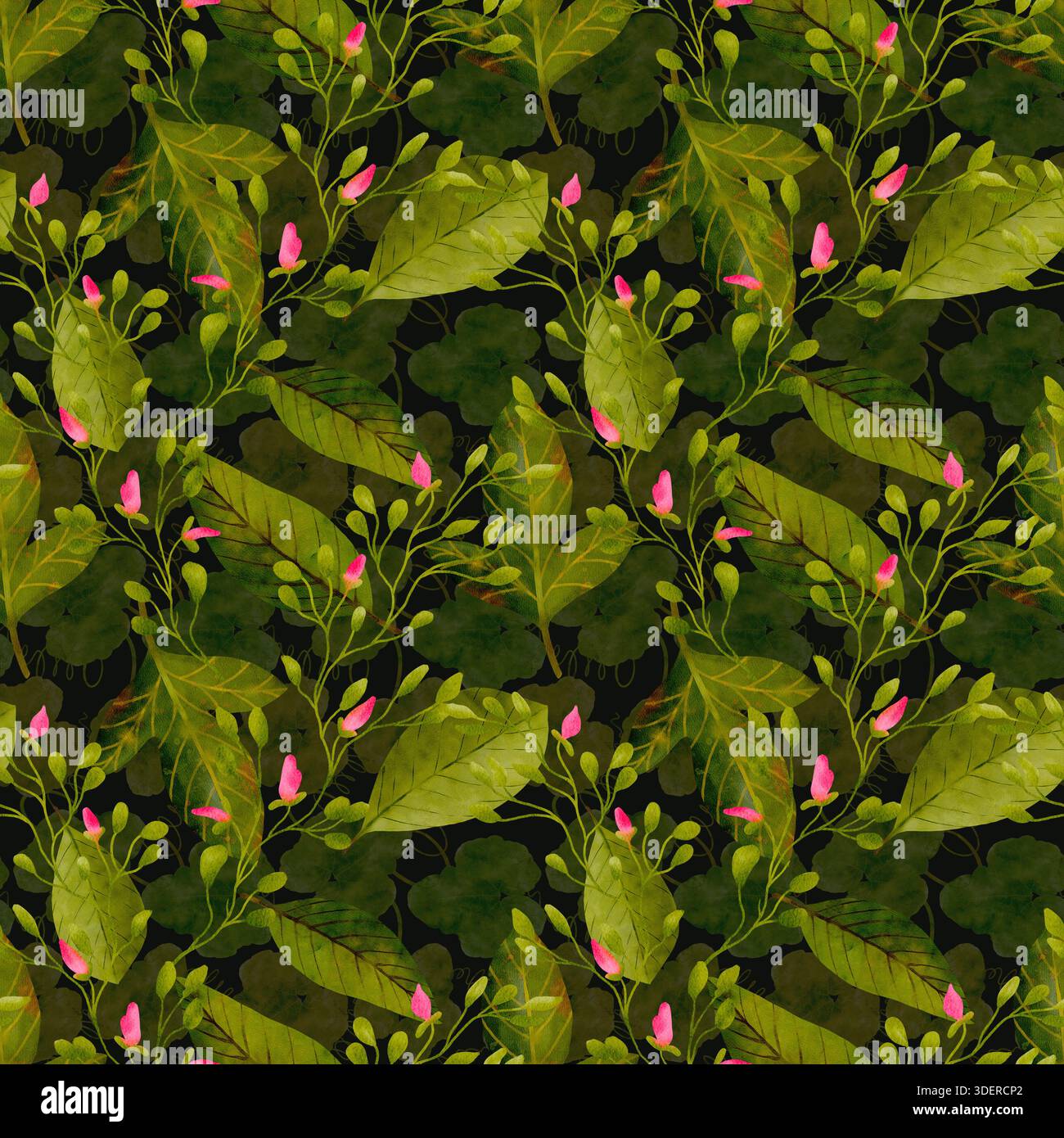 Blatt- und BlütenAquarellmuster, üppige mehrschichtige Blätter mit verstreuten rosa Knospen, zarte Adern und durchscheinende Waschungen, handgemalte Pinselstriche, die natürliche Tiefe erzeugen, handgezeichnetes nahtloses Aquarellmuster. Stockfoto