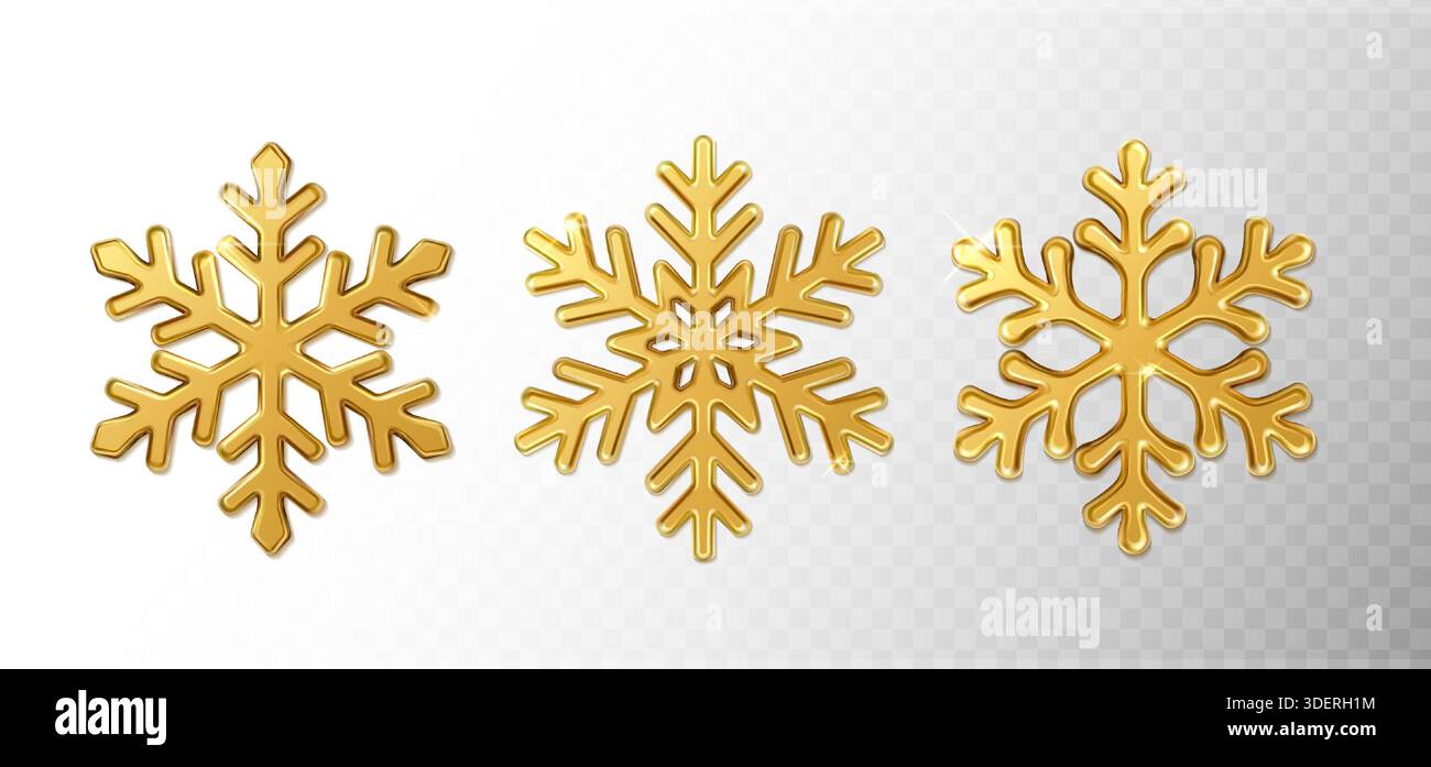 Abbildung eines realistischen Vektorsymbols. Set aus glitzernden goldenen Schneeflocken auf transparentem Hintergrund. Stock Vektor