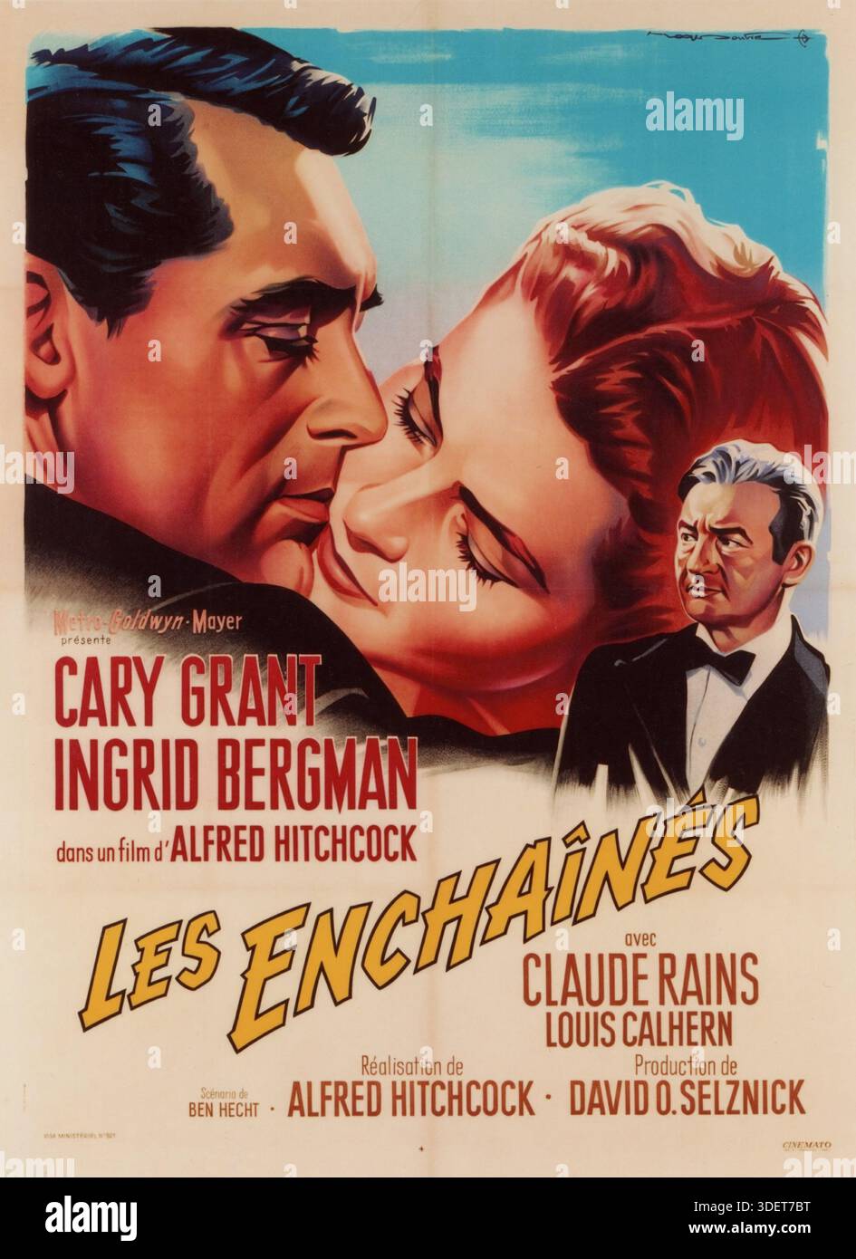 Französisch 1958 Wiederveröffentlichung französisches Poster für CARY GRANT INGRID BERGMAN und CLAUDE RAINS in BERÜCHTIGT ! / LES ENCHAINES 1946 Regisseur ALFRED HITCHCOCK Autor Ben Hecht Music Roy Webb Vanguard Films / erneut veröffentlicht von Metro Goldwyn Mayer (MGM) Stockfoto