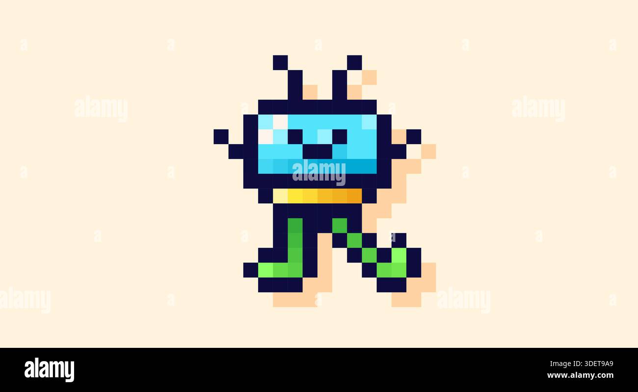 Pixel Art 8-Bit grün und blau lustiger Space Invader. Stock Vektor