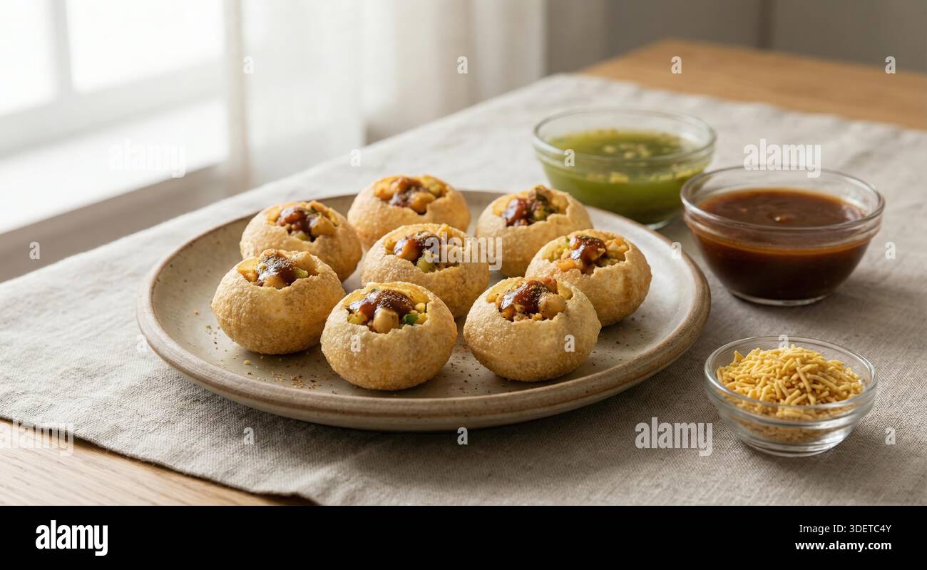 Indisches Pani Puri serviert mit Tamarind und Mint Chutney auf dem Esstisch Stockfoto