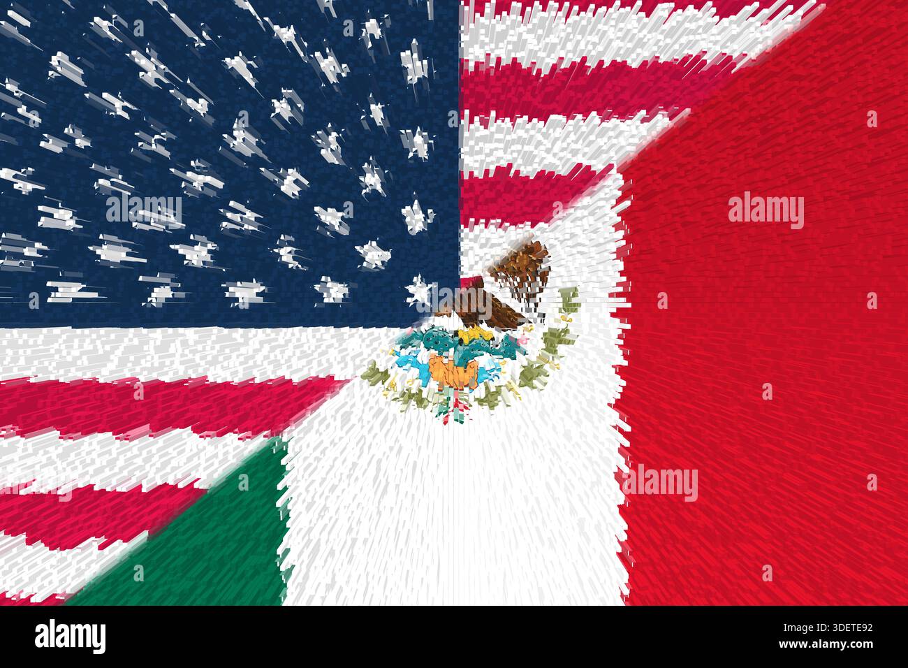 Abbildung der nationalen Flaggen der Vereinigten Staaten und Mexikos, die die diplomatischen Spannungen und die bilateralen Beziehungen zwischen den beiden Ländern symbolisieren. 2026 Stockfoto