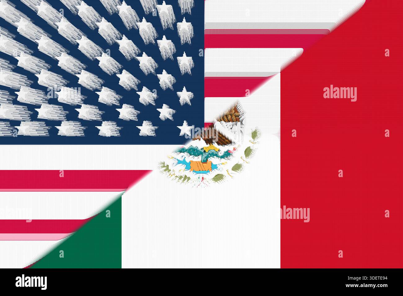 Abbildung der nationalen Flaggen der Vereinigten Staaten und Mexikos, die die diplomatischen Spannungen und die bilateralen Beziehungen zwischen den beiden Ländern symbolisieren. 2026 Stockfoto