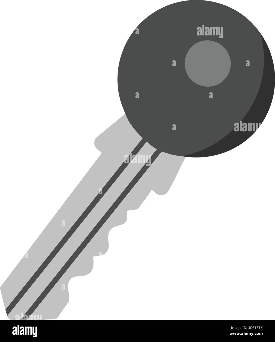 Ein silberner Metallschlüssel mit einem großen runden Kopf und einer einfachen gezackten Klinge in flacher Form. Stock Vektor