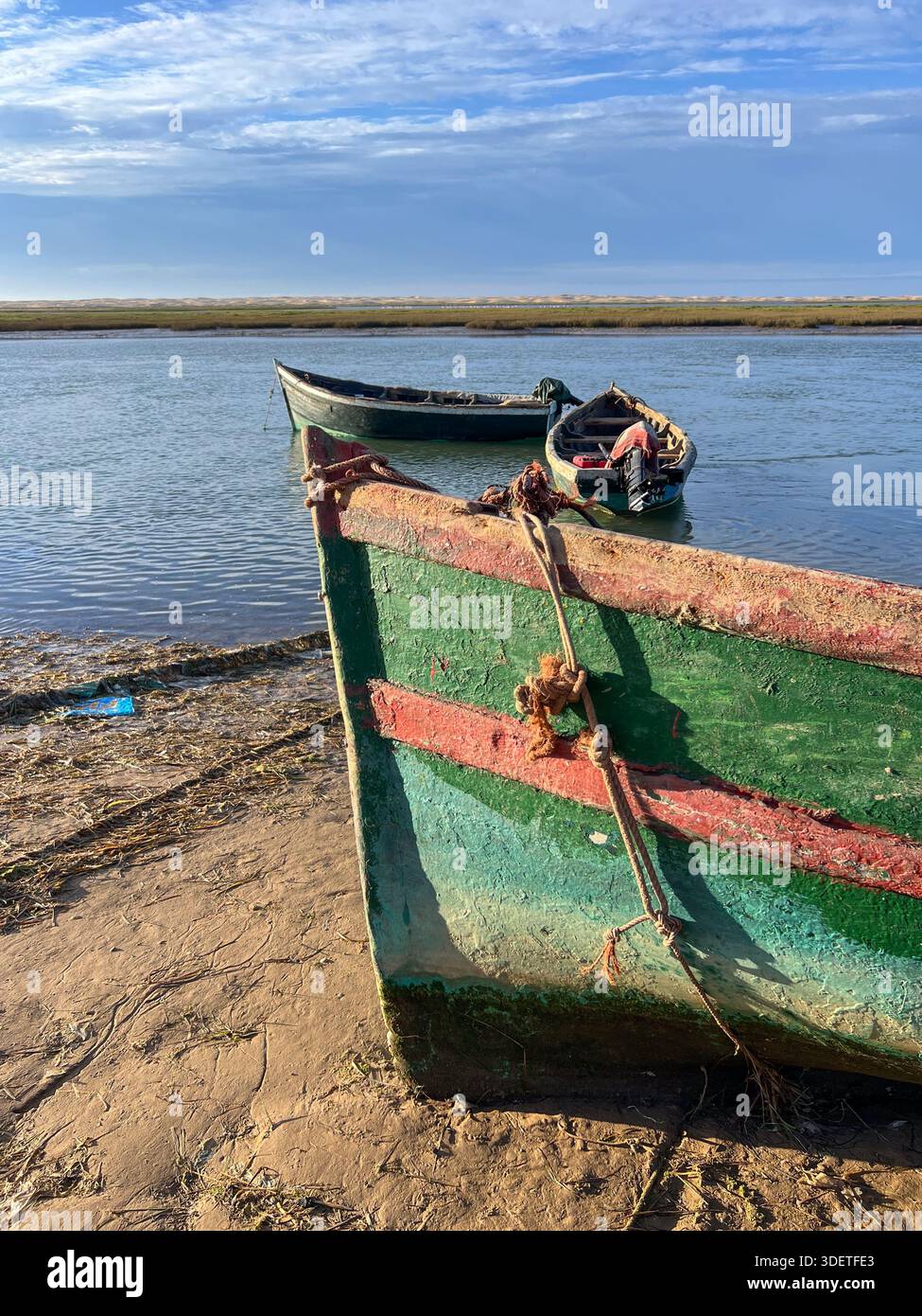 Ein altes grünes und rotes Holzfischboot ist auf dem Schlamm am Rand der Lagune von Naila in Marokko gestrandet. Stockfoto