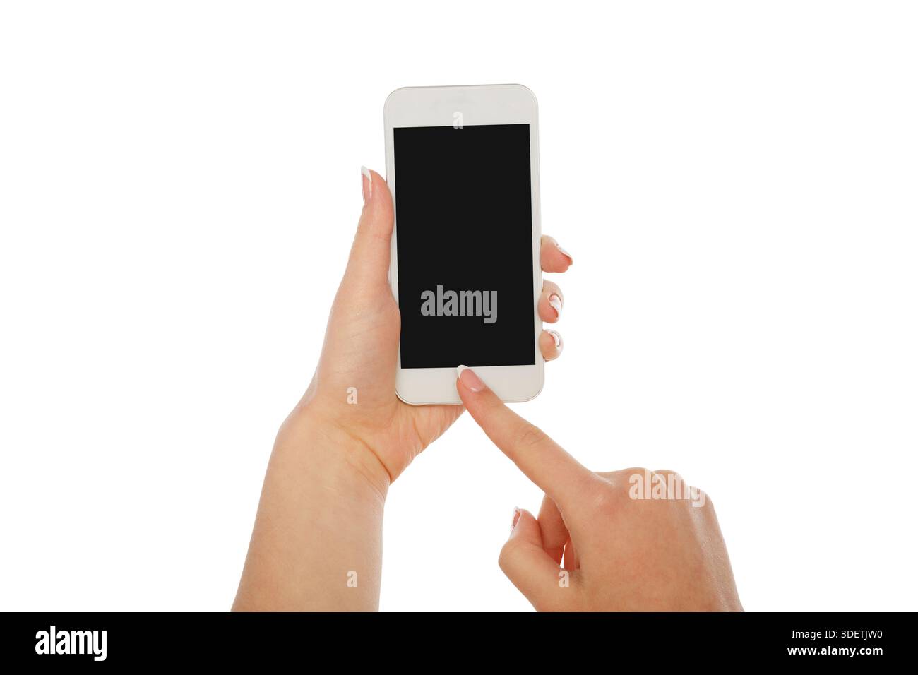 Weibliche Hand, die auf das Mobiltelefon zeigt, blanck-Bildschirm, Schnitt, Ausschnitt Stockfoto