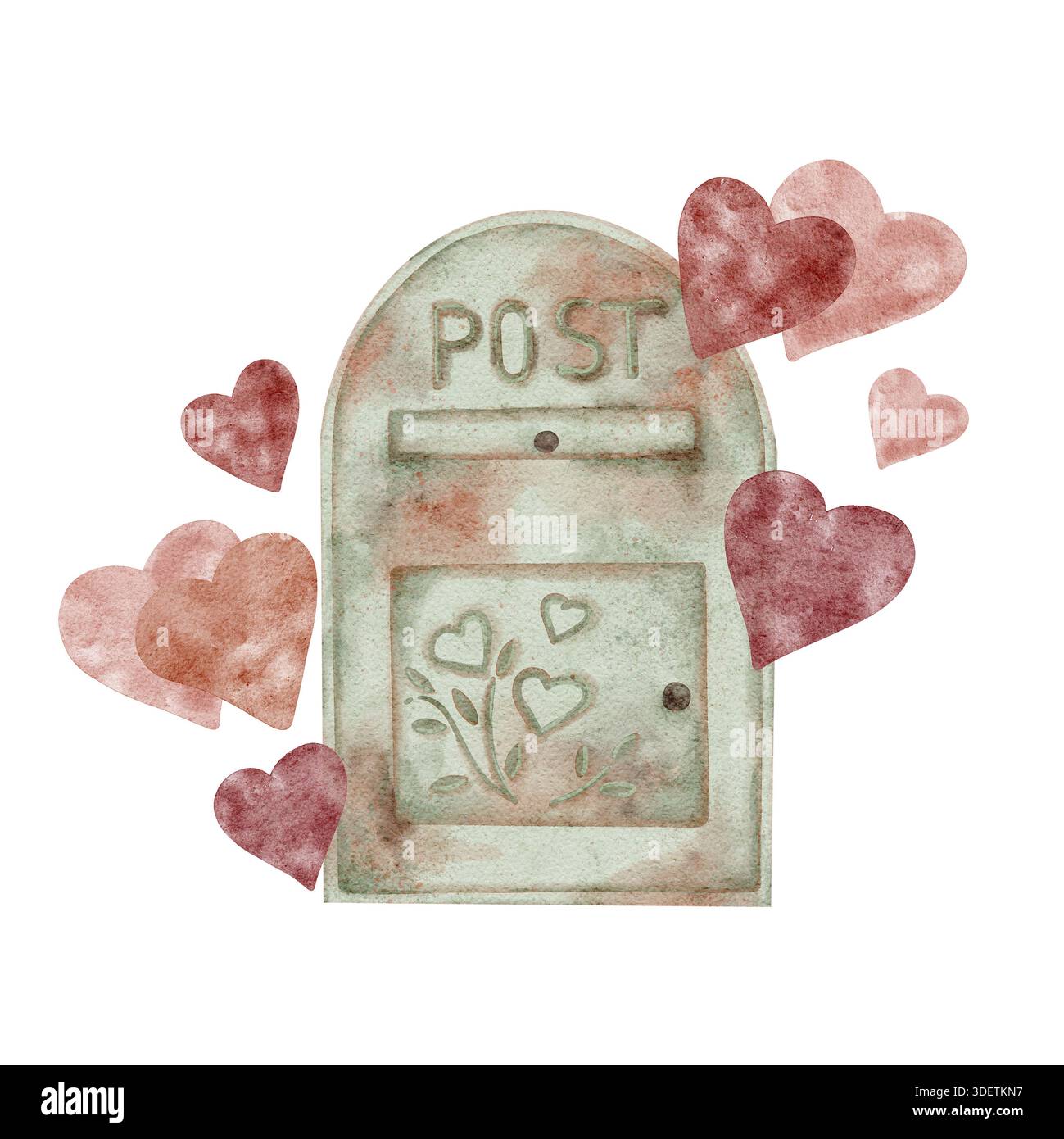 Ein Vintage-grüner Briefkasten mit zarten rosa Herzen bildet dieses Clipart in Aquarellfarben, ideal für romantische druckbare Sets, Grußkarten, Papierkollektionen und Verpackungskunstwerke Stockfoto