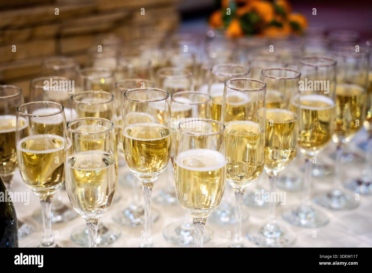 Runder Banketttisch mit weißer Bettwäsche, zahlreichen Tellern mit kalten Vorspeisen, Kristallgläsern und Wasserflaschen, gerahmt Stockfoto