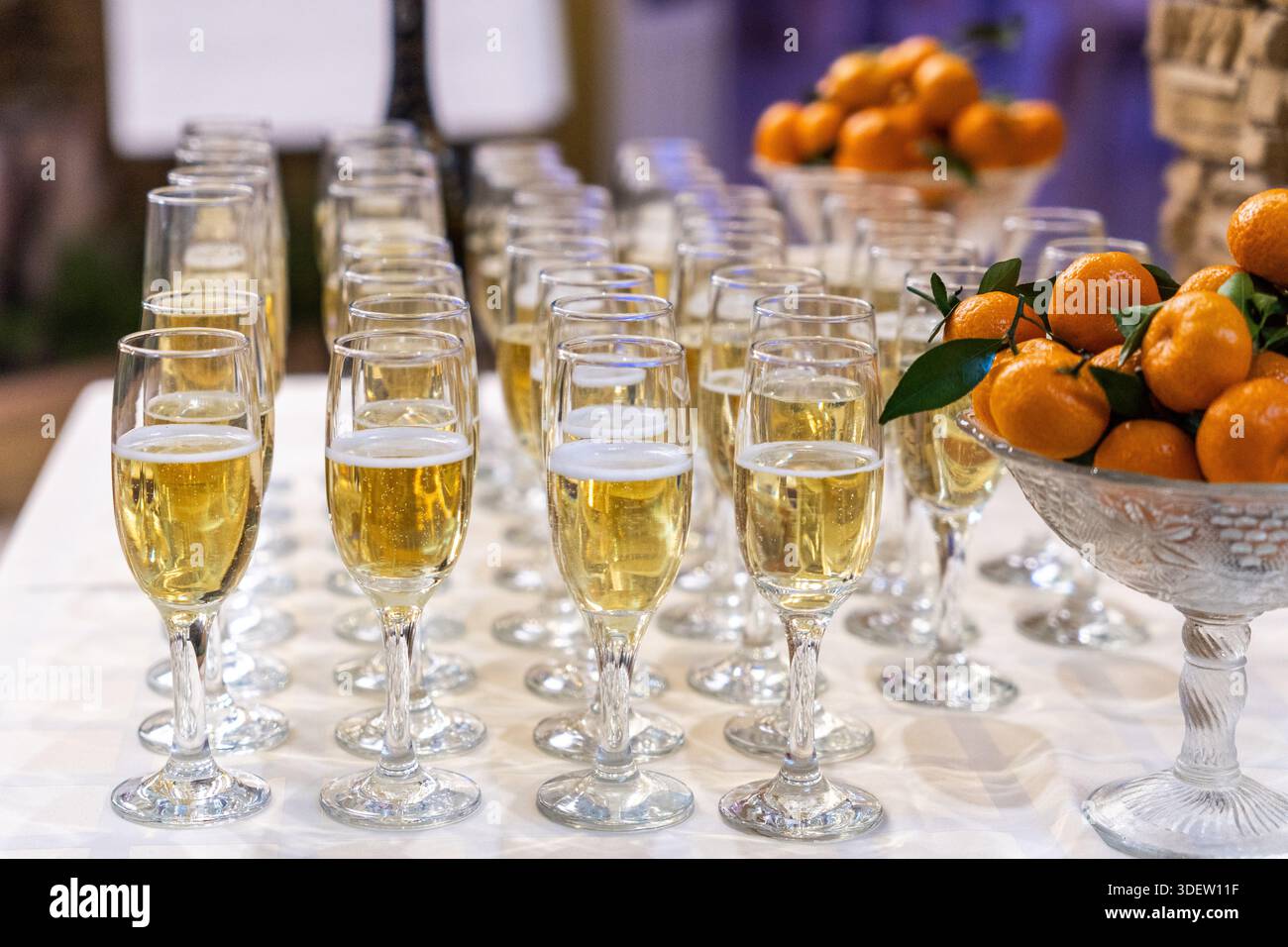Runder Banketttisch mit weißer Bettwäsche, zahlreichen Tellern mit kalten Vorspeisen, Kristallgläsern und Wasserflaschen, gerahmt Stockfoto