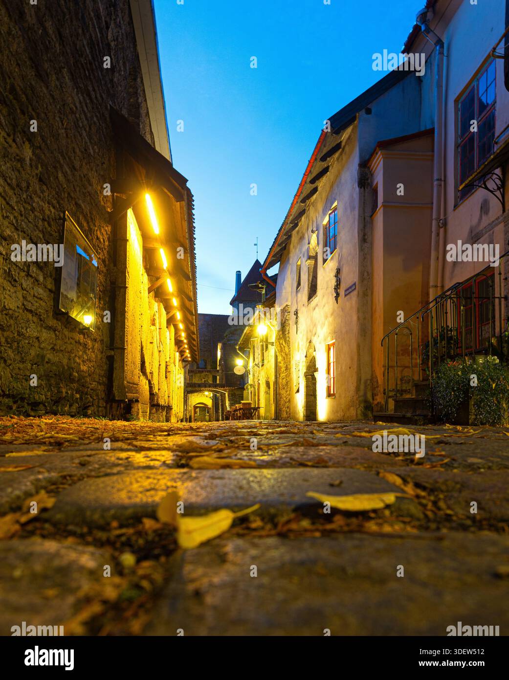 Die enge Straße der Altstadt von Tallinn in der Nacht, beleuchtet von warmen Lichtern, zeigt mittelalterliche Architektur Stockfoto