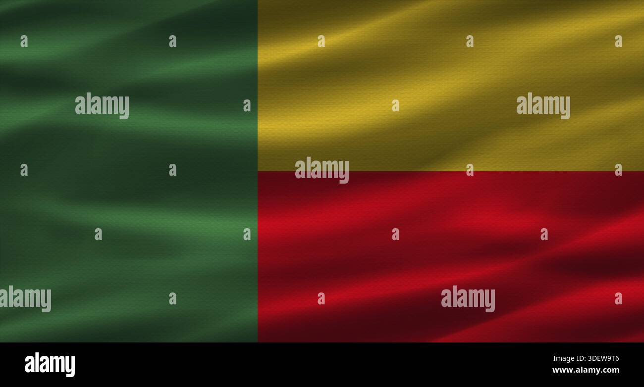 Beninische Flagge mit Stoffstruktur. Realistische Flagge von Benin, die winkt Stockfoto