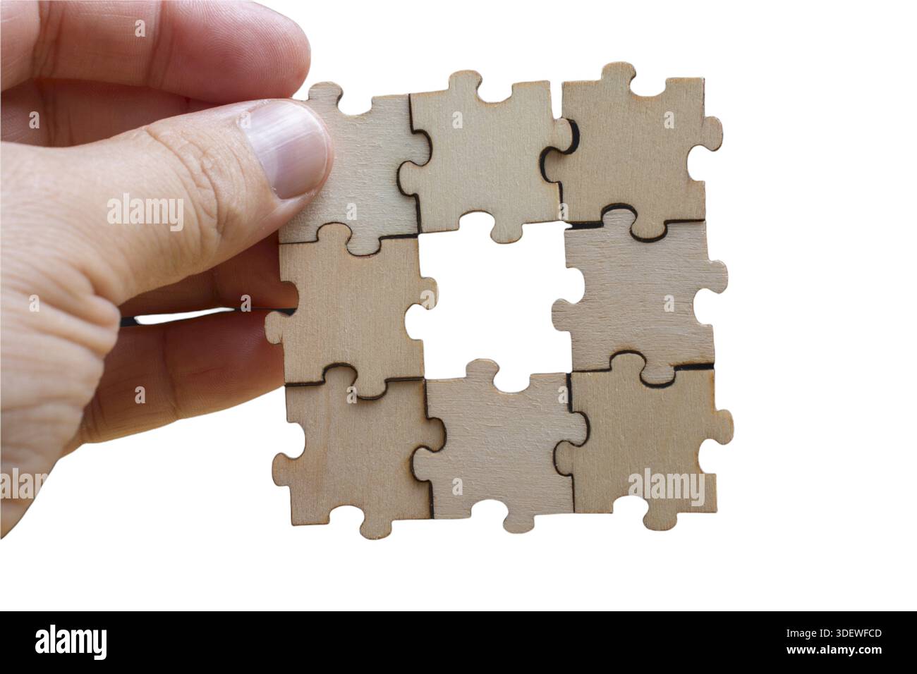 Holz Puzzle Stücke Elemente isoliert auf weißem Hintergrund. Geschäftslösungen, Ziele, Erfolge, Ziele und Strategiekonzepte Stockfoto