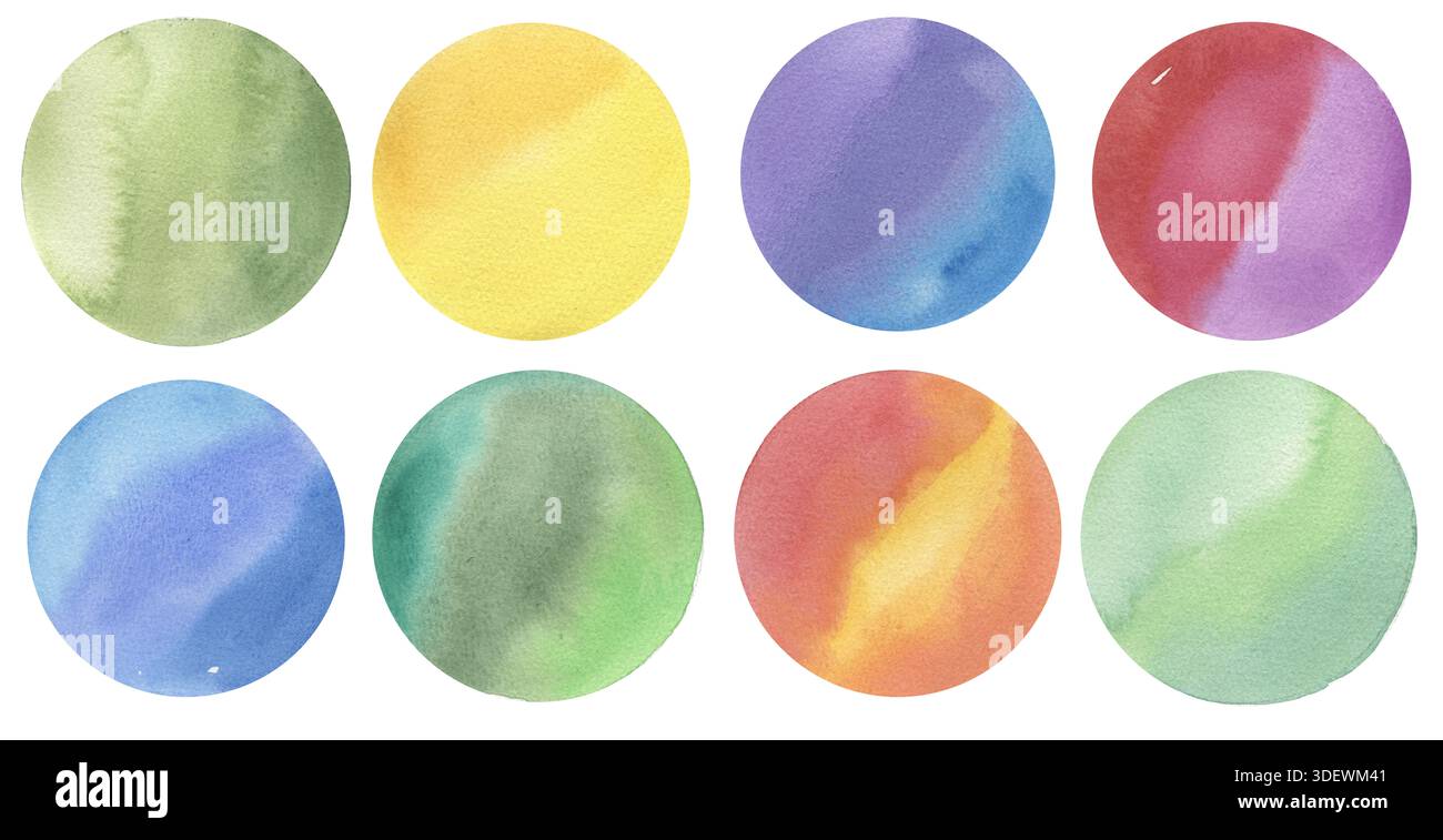 Aquarell handgemalt abstrakte Pinsel Kreise Illustration Set, dekorative grafische Farbe Hintergrund Sammlung Stockfoto