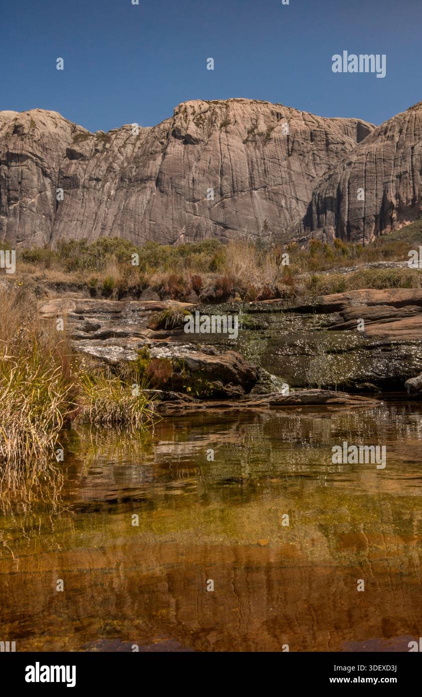 Wasserlauf und Pools in Andriampotsy, Andringitra National Park, Madagaskar. Das rote, eisenreiche Wasser im und um den Andringitra-Nationalpark ist das Ergebnis der starken Bodenerosion im zentralen Hochland Madagaskars. Der Lateritboden der Insel, der hohe Konzentrationen an Eisen enthält, wird durch starke Regenfälle in Flüsse gespült. Das Andringitra-Massiv ist ein markantes Bergmassiv und hat steile Hänge und Kanäle, die von Regenfällen durchzogen werden und den Erosion beschleunigen. Stockfoto