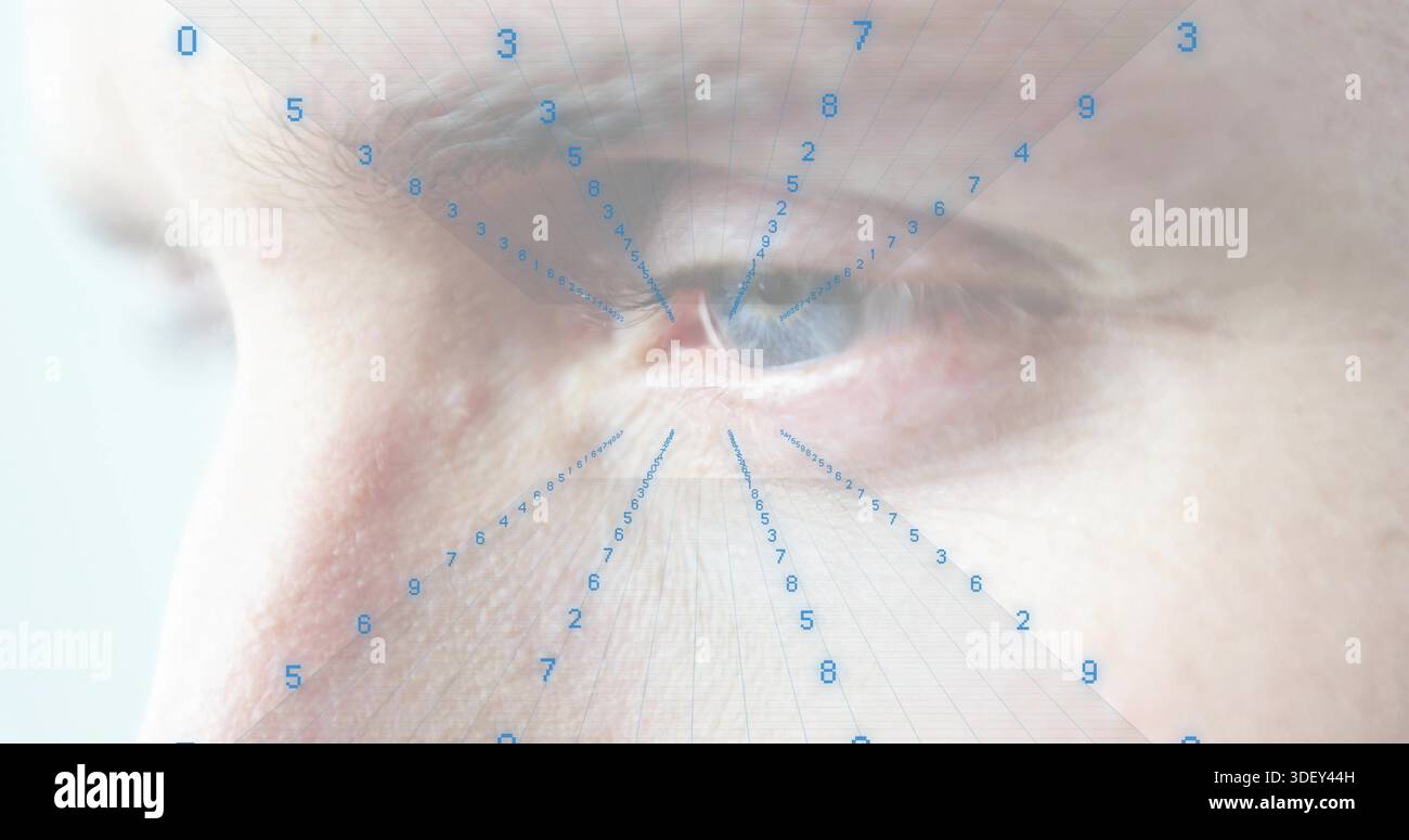 Fokussierend auf das rechte ältere männliche Auge mit Falten und Iris in Nahaufnahme, mit biometrischem Rasterüberzug Stockfoto