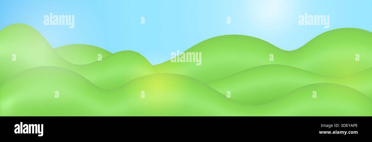 3D grüne Hügellandschaft aus Plastik. Sommerfeld mit blauem Himmel Stock Vektor