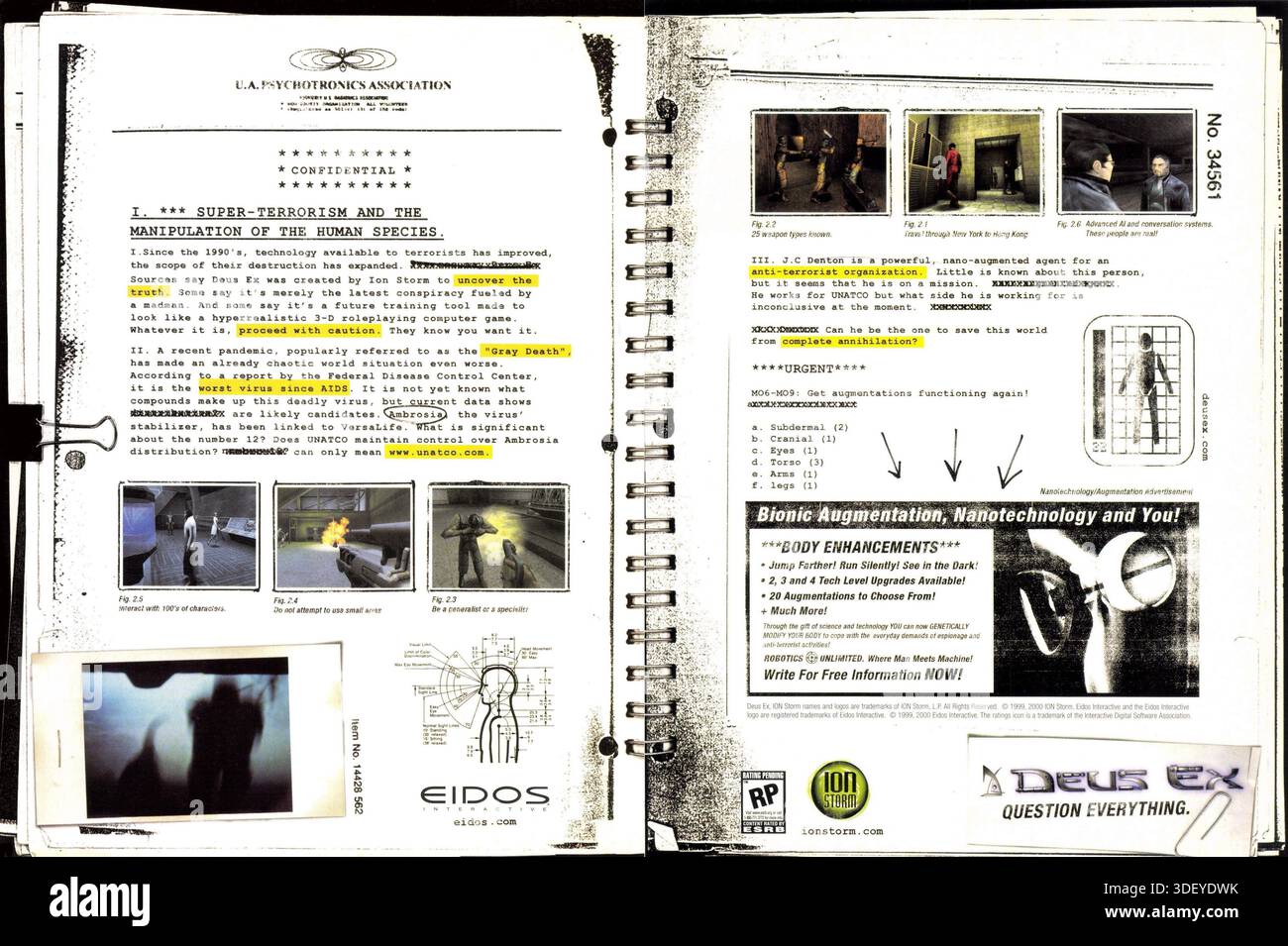 Das Videospiel Deus Ex aus dem Jahr 2000 wurde als vertrauliche, geschwärzte UNATCO-Datei gestylt, eine fiktive Organisation innerhalb des Universums des Spiels. Stockfoto