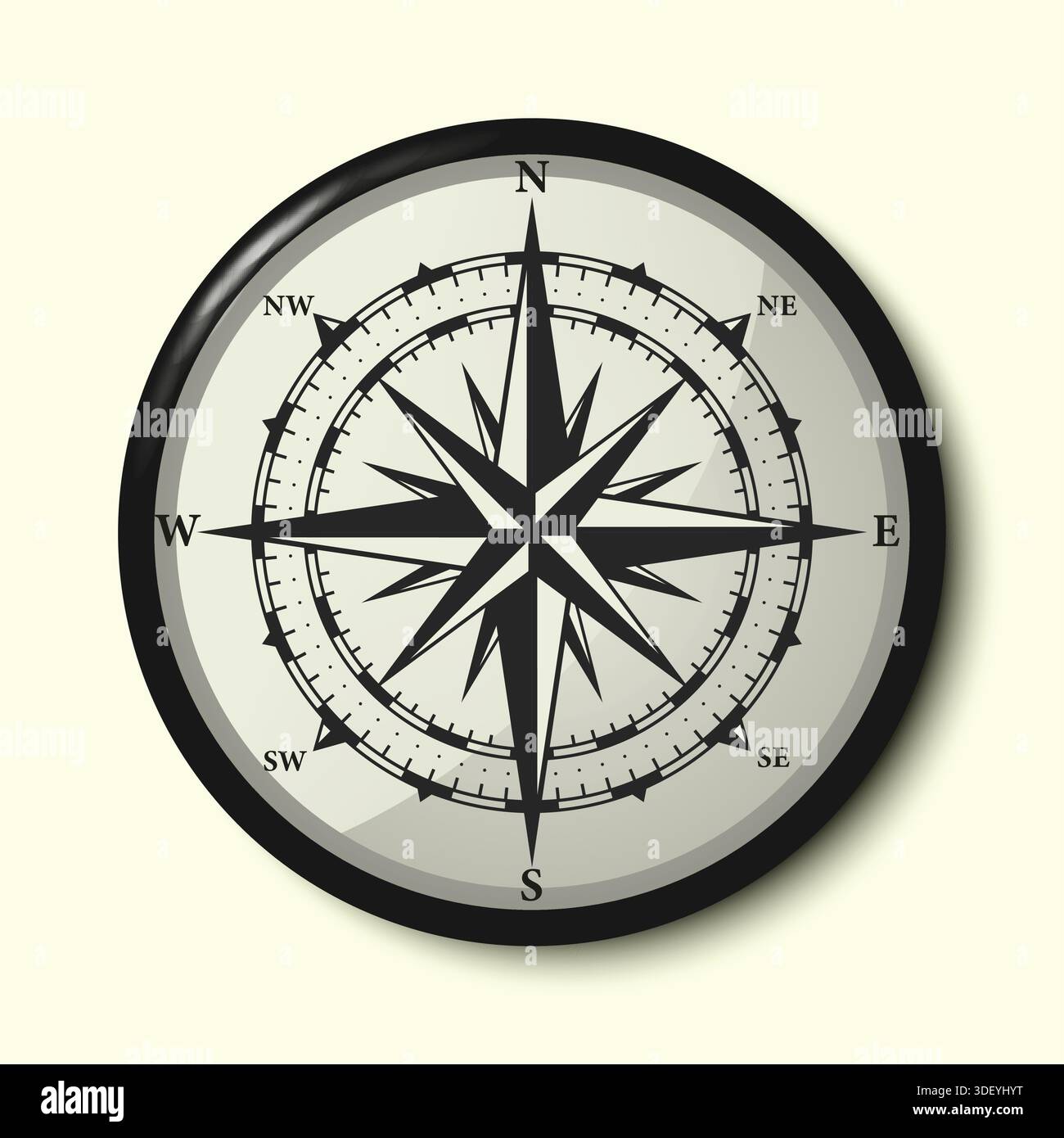 Einfarbiger Navigationskompass mit Kardinalrichtungen von Norden, Osten, Süden und Westen Stock Vektor
