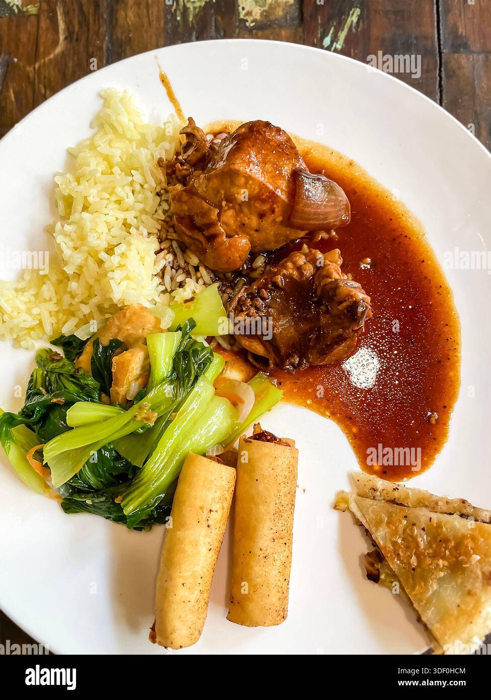 Asiatische Gerichte mit geschmortem Huhn in Sauce, Reis, Frühlingsrollen, gebratenem Gemüse und Gebäck auf einem weißen Teller - Smartphone-aufgenommenes Stockfoto