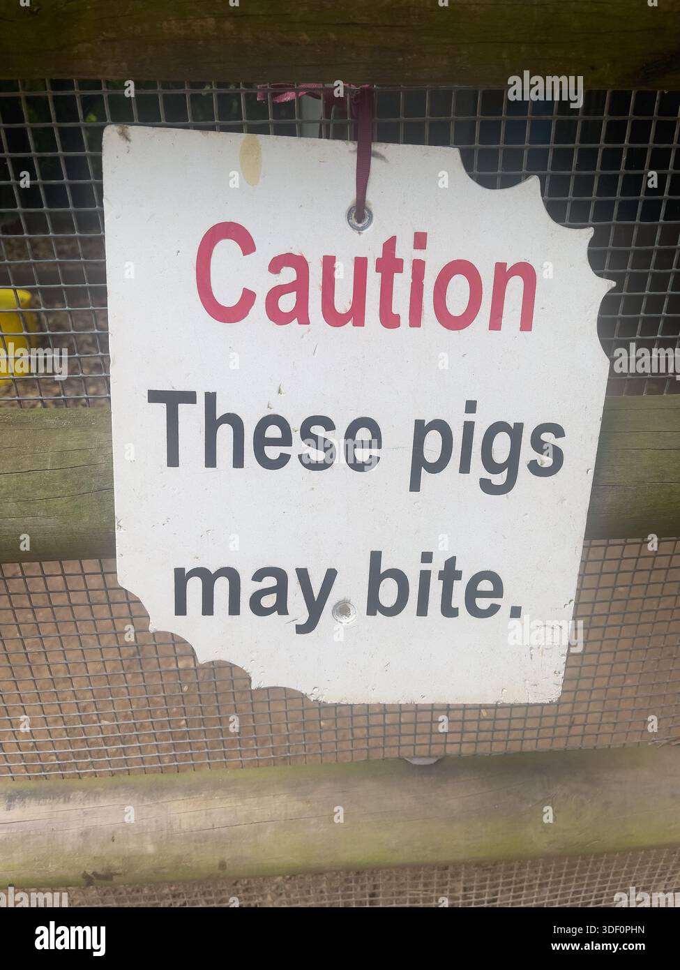Ein an einem Drahtzaun angebrachtes Warnschild mit der Aufschrift Achtung diese Schweine können beißen, mit einer gezackten Bissmarkierung an der Ecke - Smartphone-aufgenommenes Stockfoto