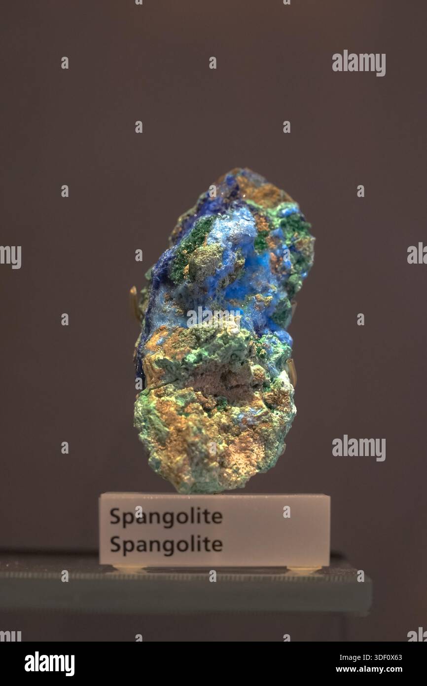 Spangolith-Mineralprobe. Seltenes Kupfersulfat-Mineral, sekundäres Mineral. Leuchtende blaue und grüne Kristalle aus geologischer Formation. Stockfoto