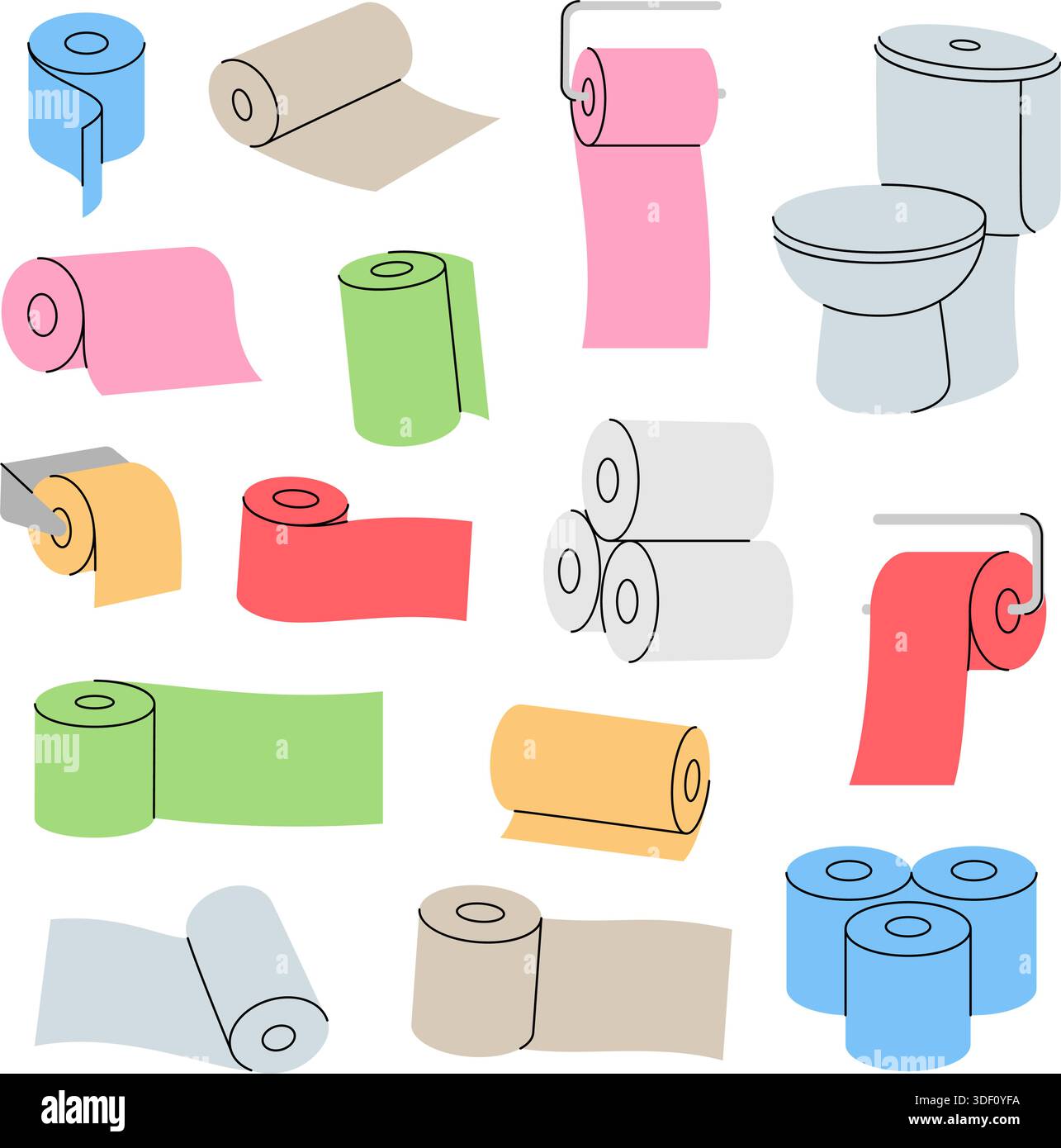 Bunte Toilettenpapierrollen und Toilettenschüsseln auf weißem Hintergrund minimale Badezimmer-Vektor-Illustration Stock Vektor