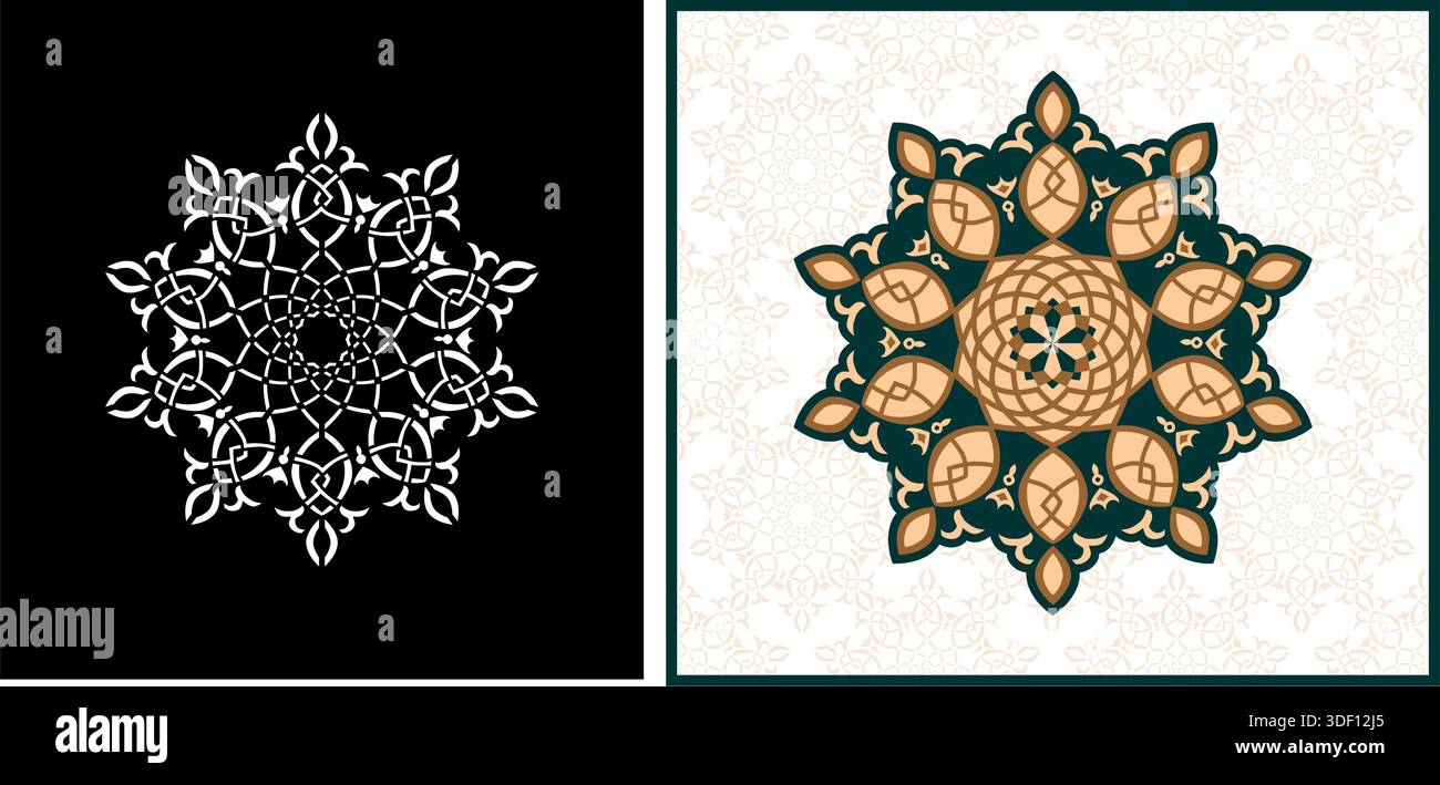 Dekorative Mandala-Ornamente mit geometrischen und floralen Motiven, geeignet für Fliesendesigns, Textilmuster oder islamische/arabische dekorative Elemente Stock Vektor