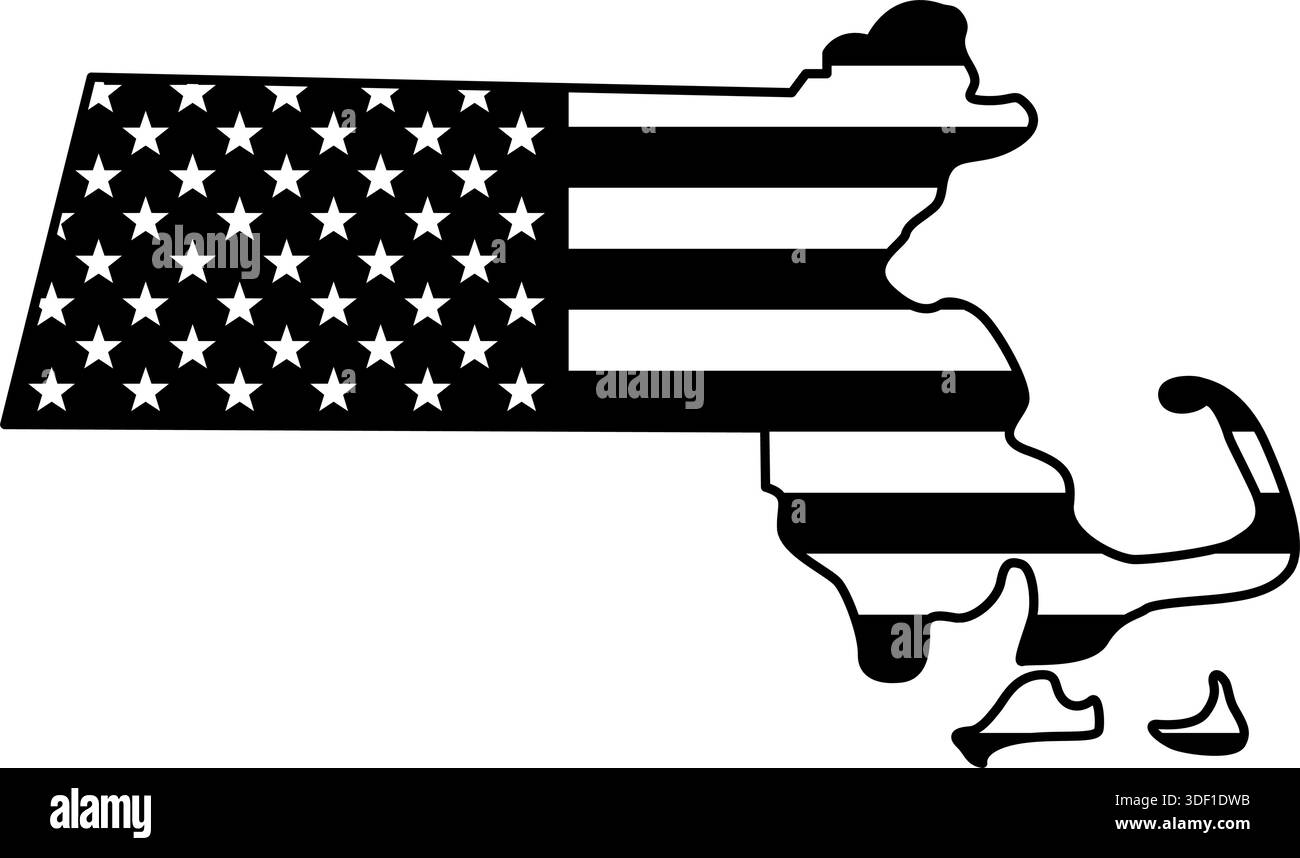 massachusetts MA State Map Form mit USA american Flag schwarz-weiß vereinfachtem Vektor isoliert auf transparentem Hintergrund Stock Vektor