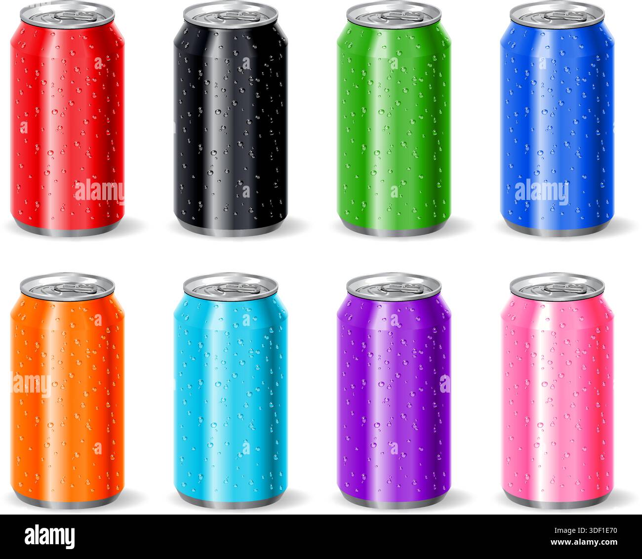 Realistische Aluminium Getränk Soda Pop Dosen rot blau schwarz grün orange lila rosa Set kalt mit Wassertröpfchen Vektor auf transparentem Hintergrund Stock Vektor