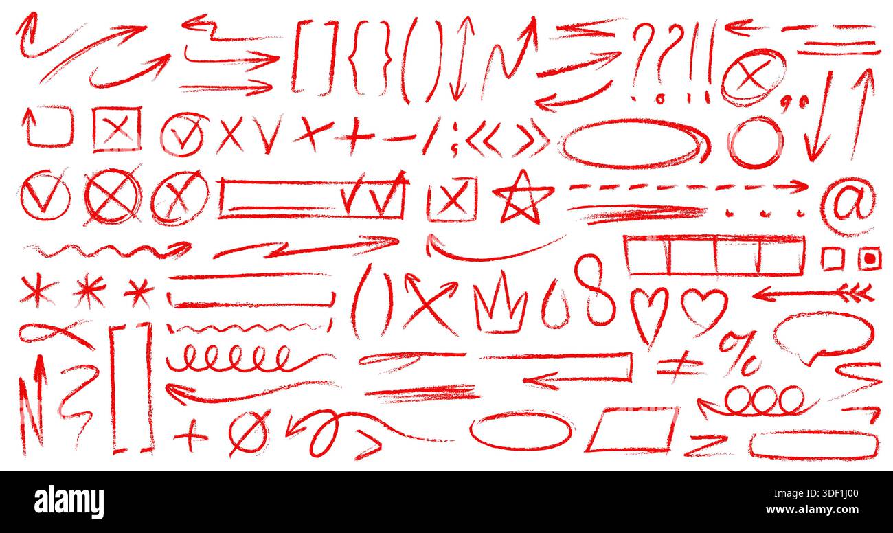 Hand gezeichnete Kritzelrot Buntstift Linien, Kreide und Pinsel Strichvektor Elemente. Pfeile, abstrakte Formen und Kritzeleien, Häkchen, Stern, Hervorhebung und Unterstreichung, Herz, kronenrote Kreidezeichnungen Stock Vektor