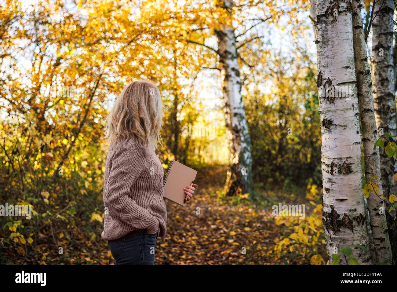 Frau im Pullover, die im Wald steht, mit Tagebuch in der Hand, bewundert die friedliche herbstliche Natur. Die Szene spiegelt die Einstellung des Neuanfangs und das Konzept des langsamen Lebens wider Stockfoto