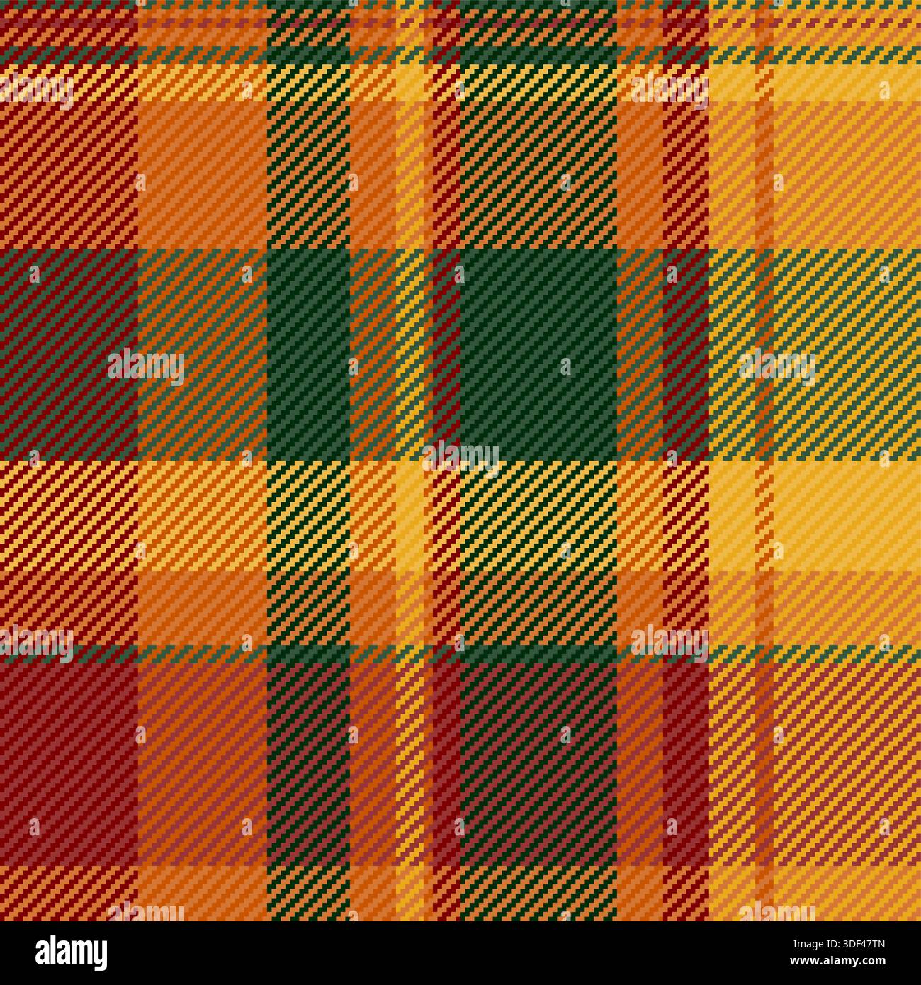 Leuchtendes, nahtloses Herbstkario-Muster mit warmen Orange-, Gelb- und Waldgrün-Tönen. Ideal für saisonale Hintergründe, Textildesigns, Heim dez Stock Vektor