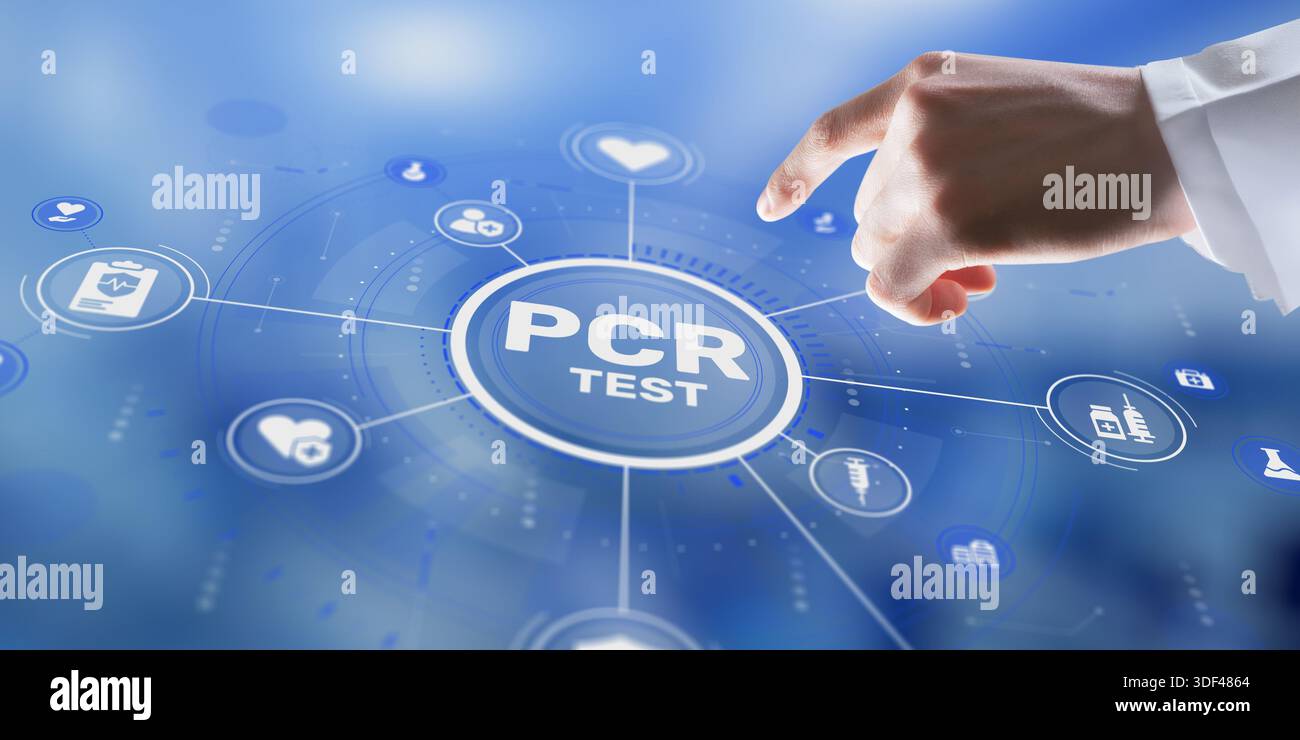 Professioneller medizinischer Hintergrund mit PCR-TESTTEXT und Symbolen für die molekulare Diagnostik. Stockfoto