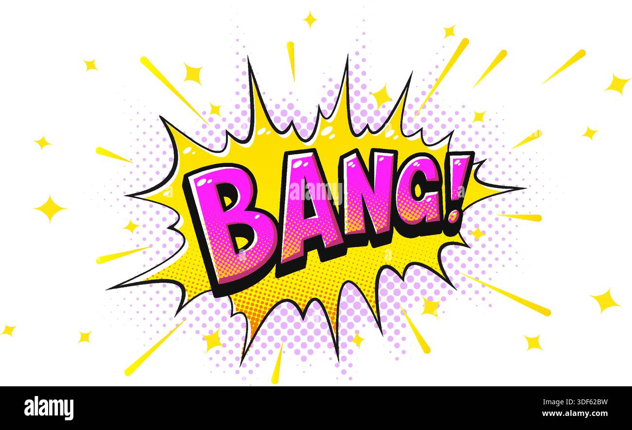 Comic Pop Art Bang Explosion Sprechblase mit Rasterpunkten und dynamischen Strahlen. Farbenfroher Retro-Cartoon-Soundeffekt für Comics, Poster, Werbeanzeigen und kreatives Design. Vektorabbildung Stock Vektor