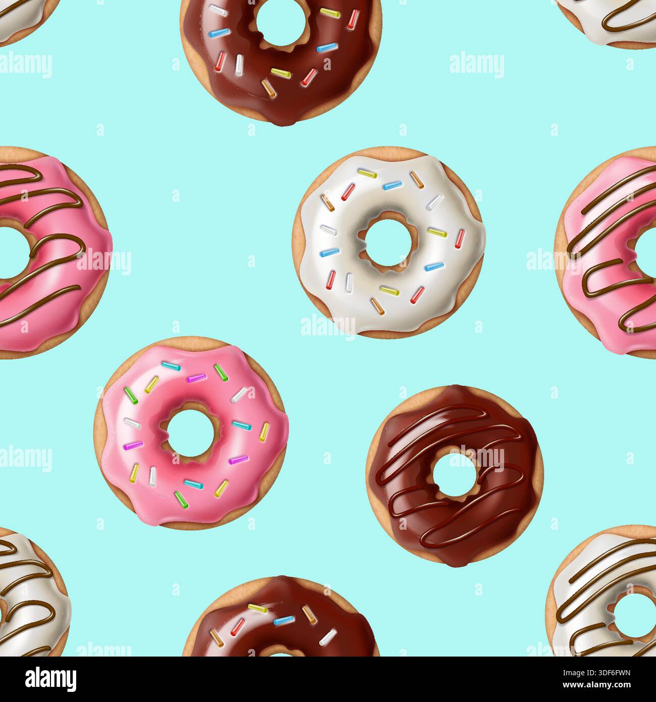 Realistische Vektordarstellung. Bunte Donuts mit Schokoladenglasur und Streuseln. Stock Vektor