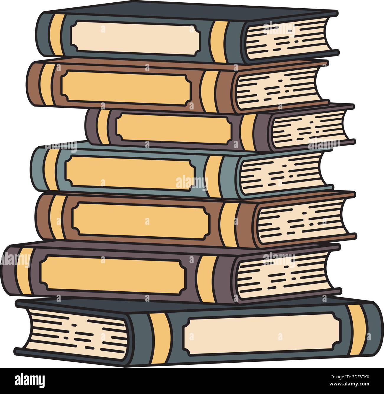 Illustrierter Stapel von sechs Vintage-Büchern mit bunten Buchrücken und leeren Etiketten, perfekt für Themen wie Bildung, Wissen, Lesen oder Bibliothek DE Stock Vektor