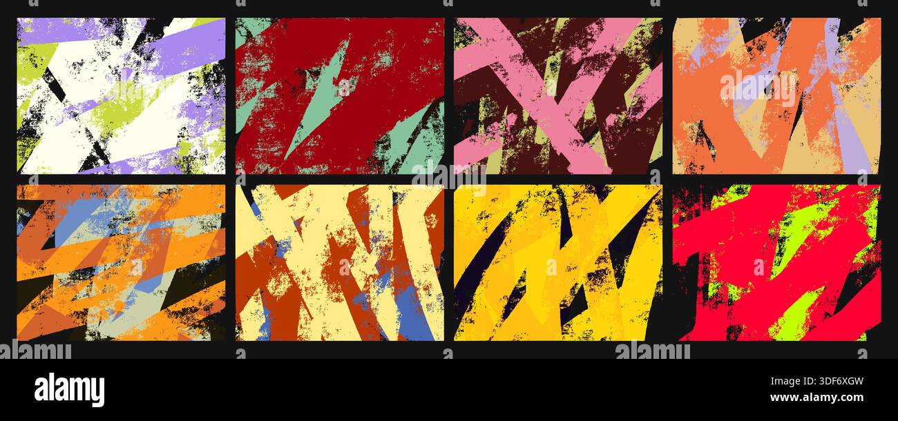 Schleifwalzen-Texturset. Abstrakte, brayer gestreifte Hintergründe mit Distressed-Grain und rauem Druckeffekt Stock Vektor