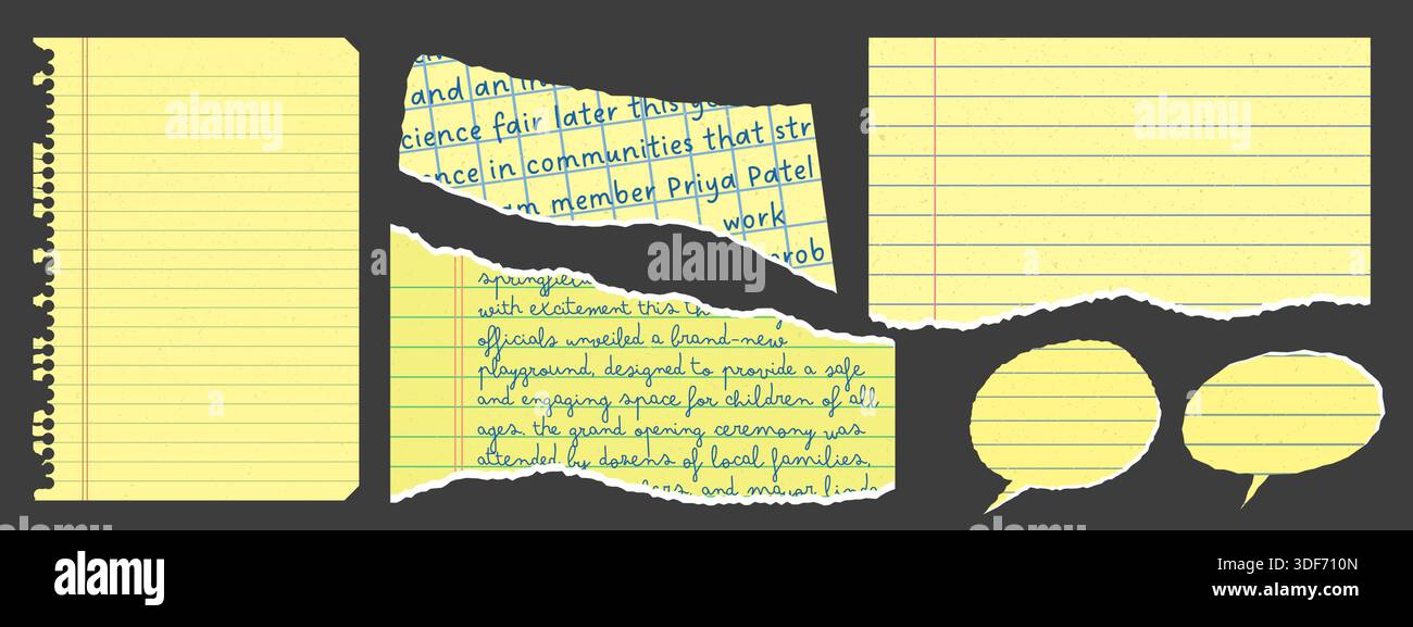 Gelbe zerrissene Notizbuchpapierreste. Elemente aus liniertem Papier mit ungleichmäßigen, gezackten Kanten. Perfekt für Collage, digitales Scrapbooking. Retro-Grunge-STYLE Stock Vektor