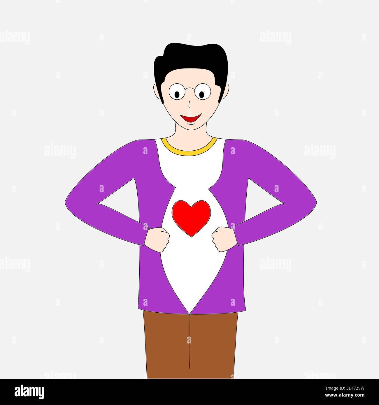Ein Cartoon-Mann trägt ein lila Hemd mit einem Herz drauf. Er hält seinen Magen und lächelt Stock Vektor