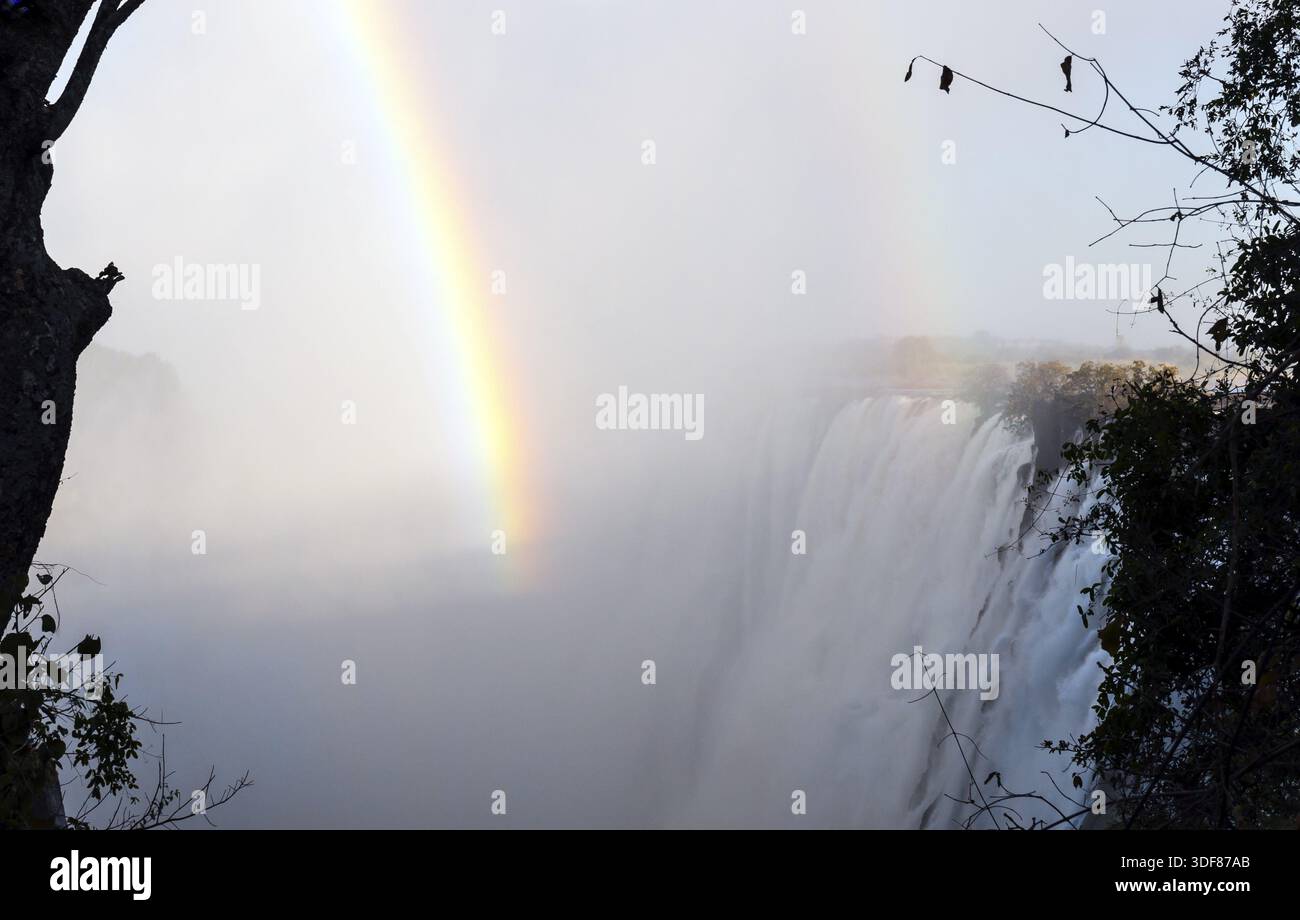 Ein Regenbogen am frühen Morgen bei Victoria Falls Stockfoto
